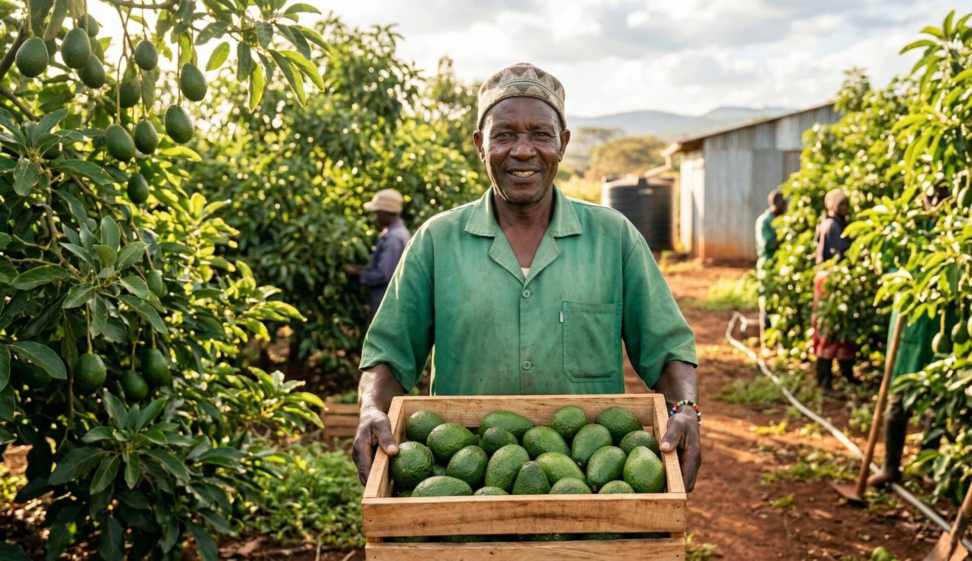 Kenyan avocado farmer holding fresh Hass avocados for export
