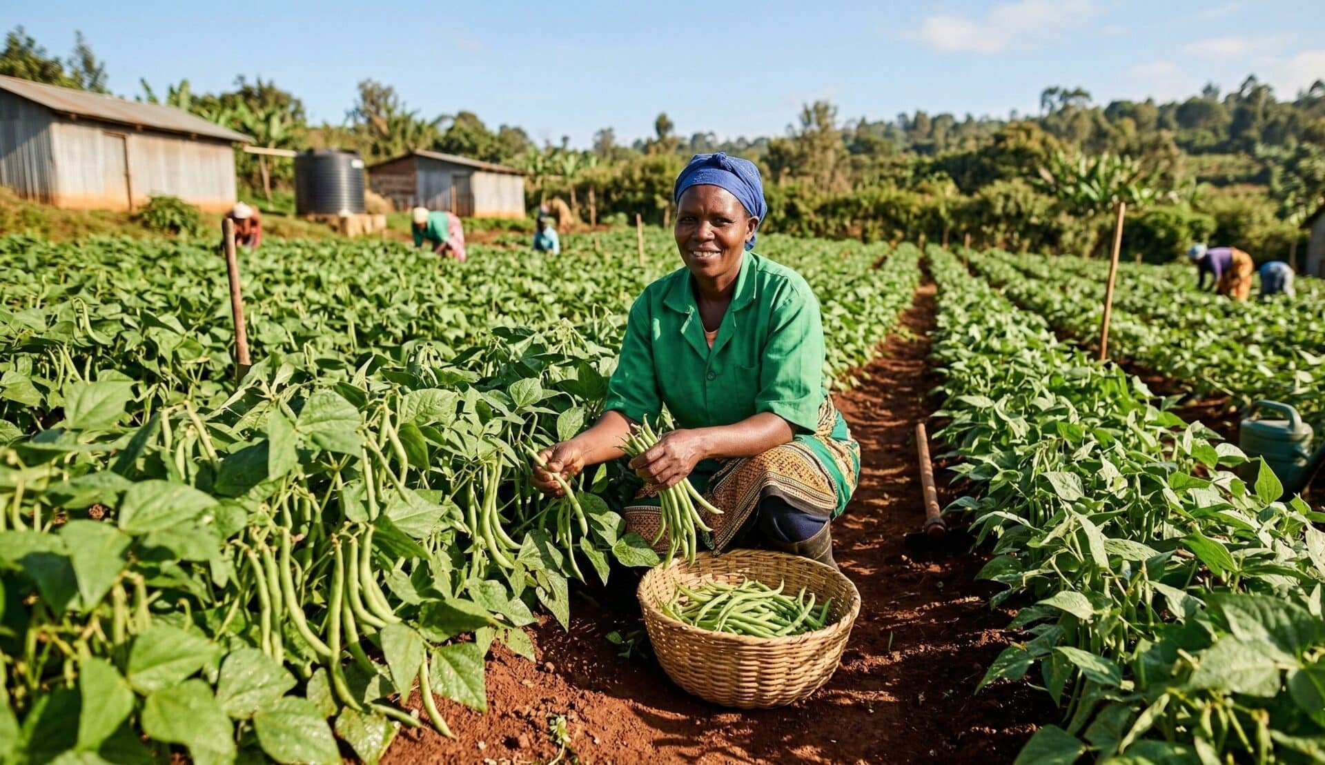 Kenyan farmer harvesting fresh french beans for export