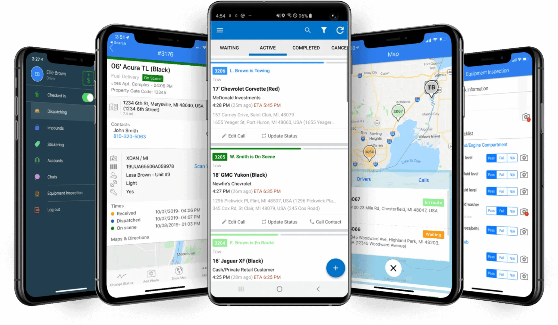 TowBook software screenshot showing GPS dispatch, photo documentation, and real-time tracking features