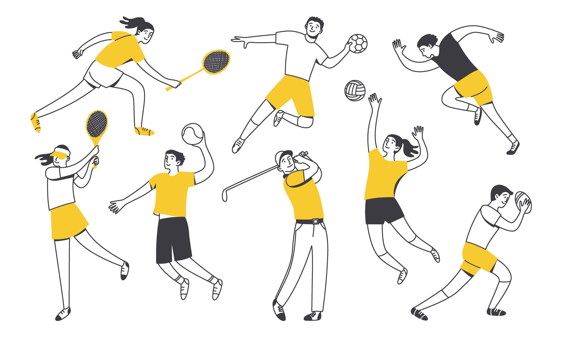 Doodle Character athletes playing various sports wearing a combination of yellow and black attire.
