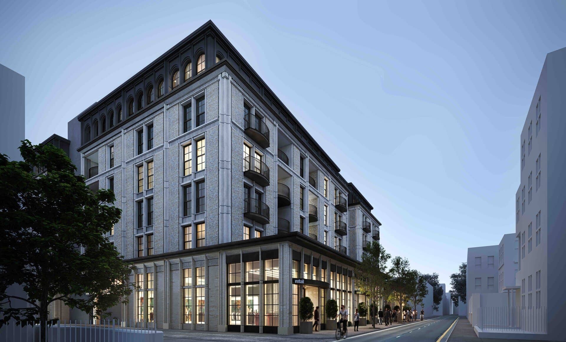 Elegant mixed-use urban building with retail and residential spaces in a historic-inspired design.