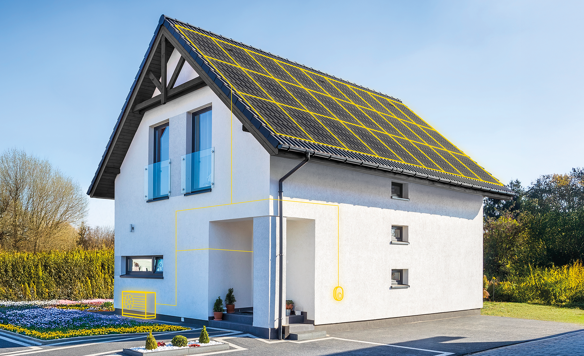 Darstellung eines Hauses mit in gelb angedeuteten PV-Modulen auf dem Dach, diese sind über gelb leuchtende Linien symbolisch mit der angedeuteten Wärmepumpe und der angedeuteten Wallbox verbunden.