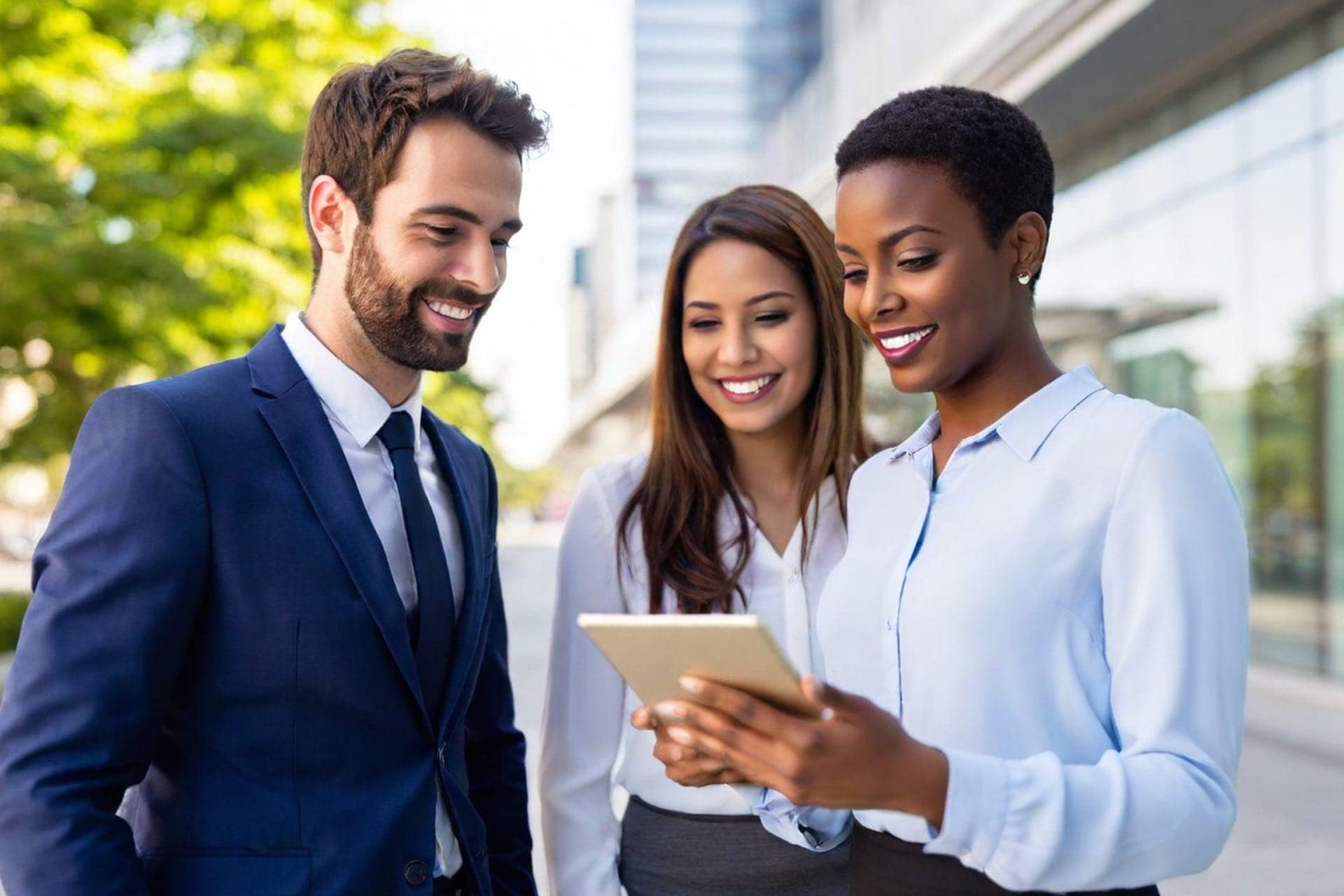 young professionals smiling and looking at a tablet