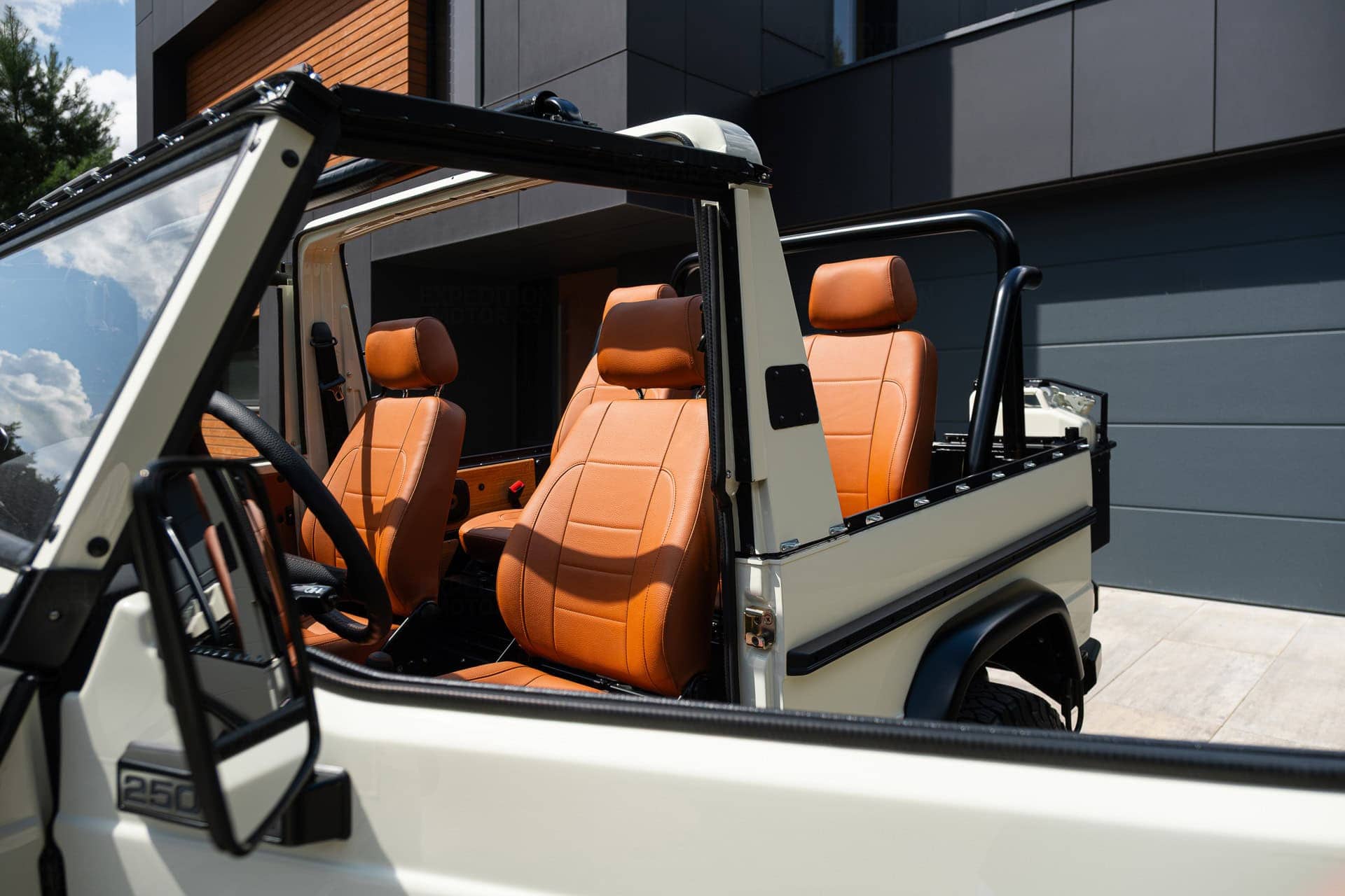 Custom G Wagon interior featuring hand-stitched Spice weatherproof upholstery.