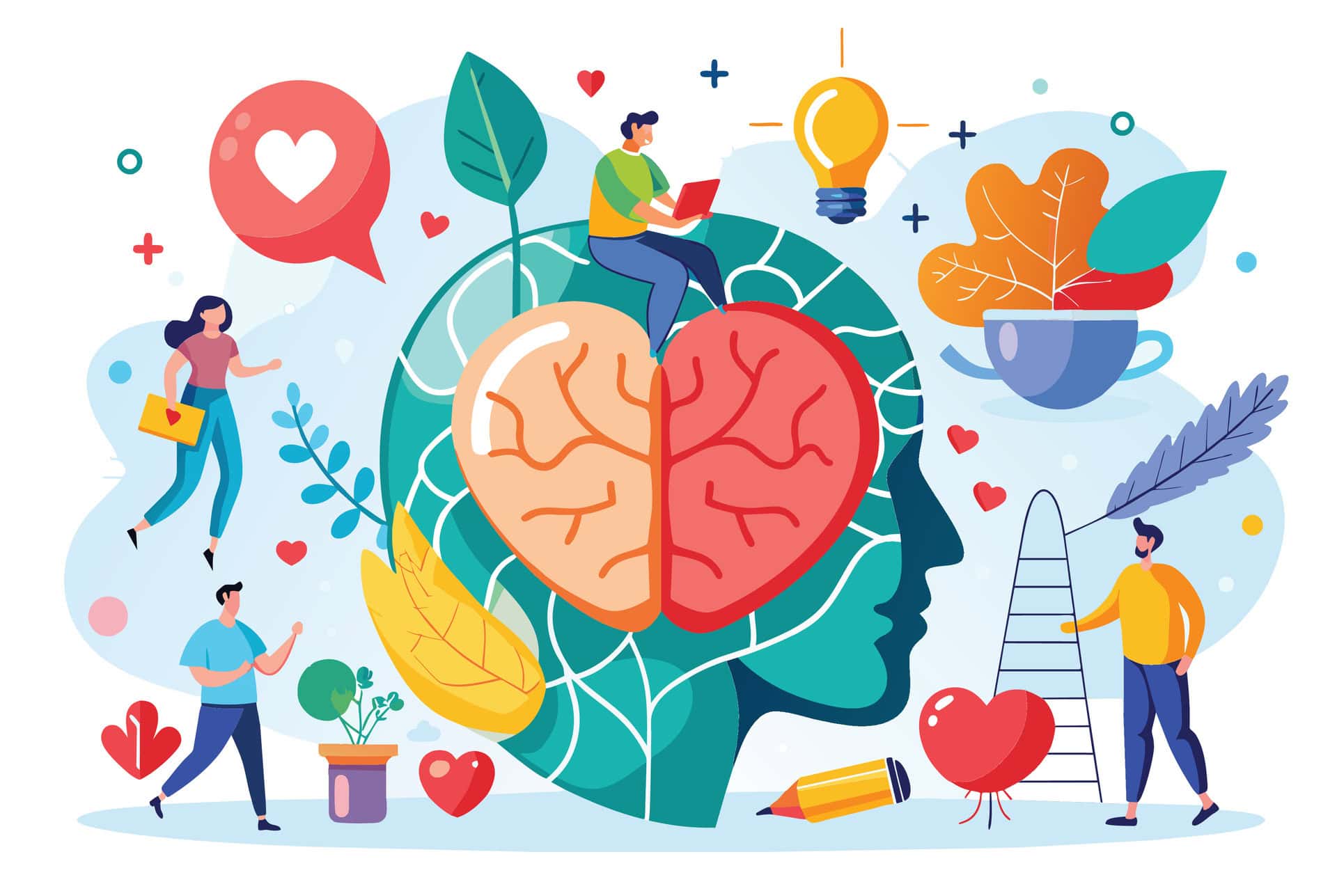 Illustration depicting the inside of a human brain with faceless animated characters surrounding it.
