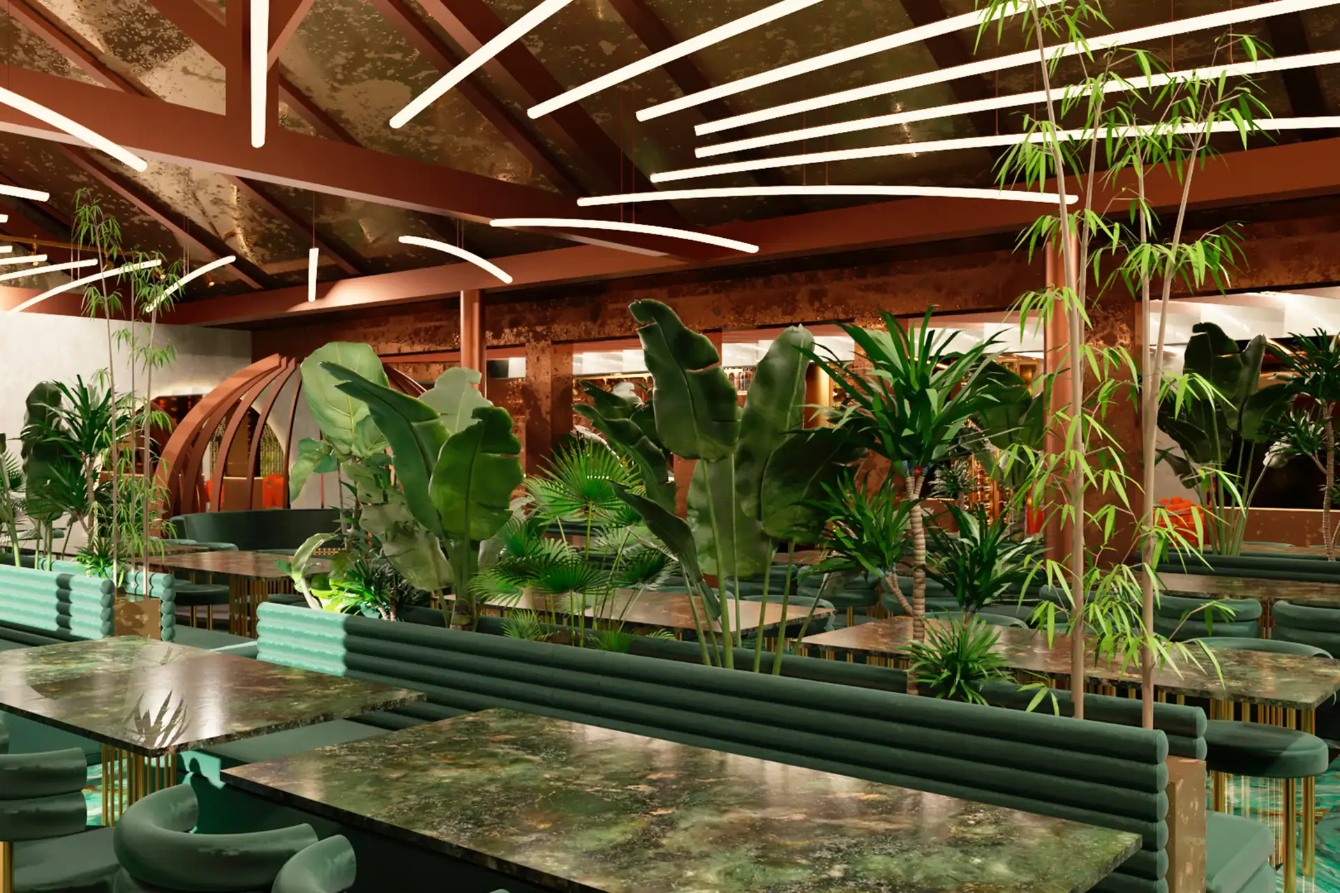 Interiorismo para restaurante con abundante vegetación tropical y luces lineales integradas.