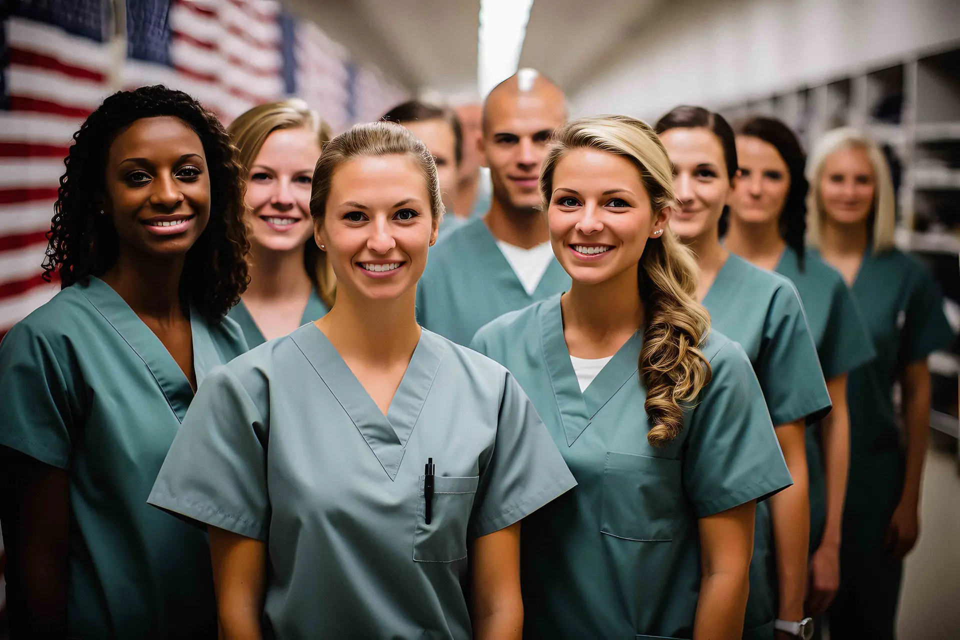 - MDPerm.com Diverse team of healthcare professionals smiling in a hospital setting