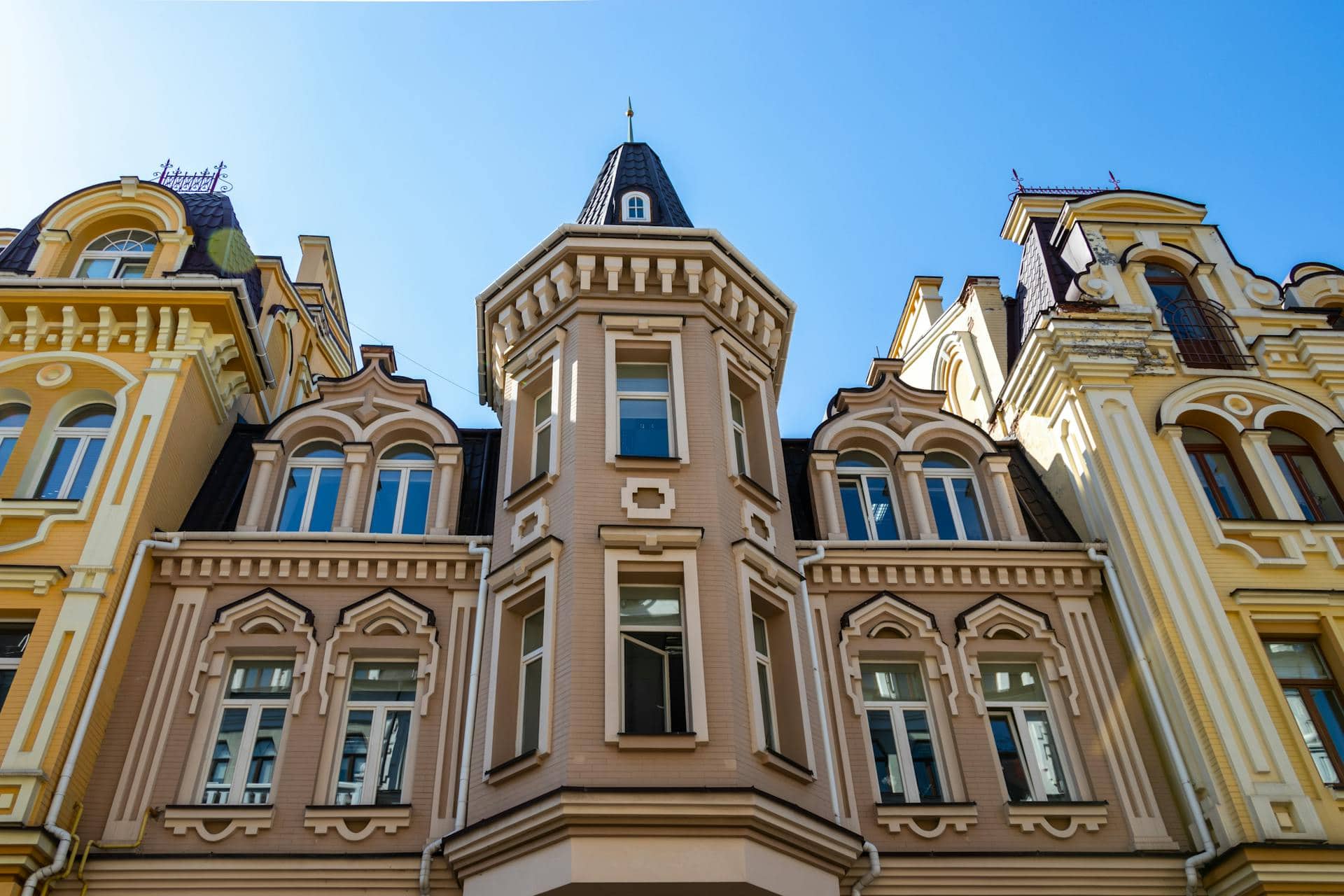 elegant classic architecture of Kyiv with ornate facades and vibrant details.