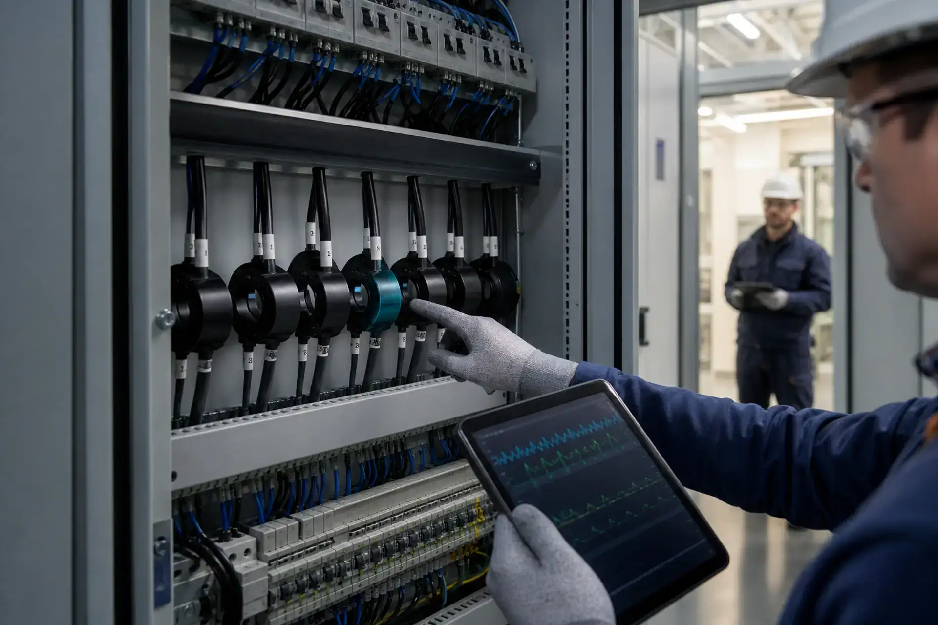 Selective diagnosis of a hospital insulation fault Technicians identifying an outgoing circuit with an insulation fault using measuring current transformers