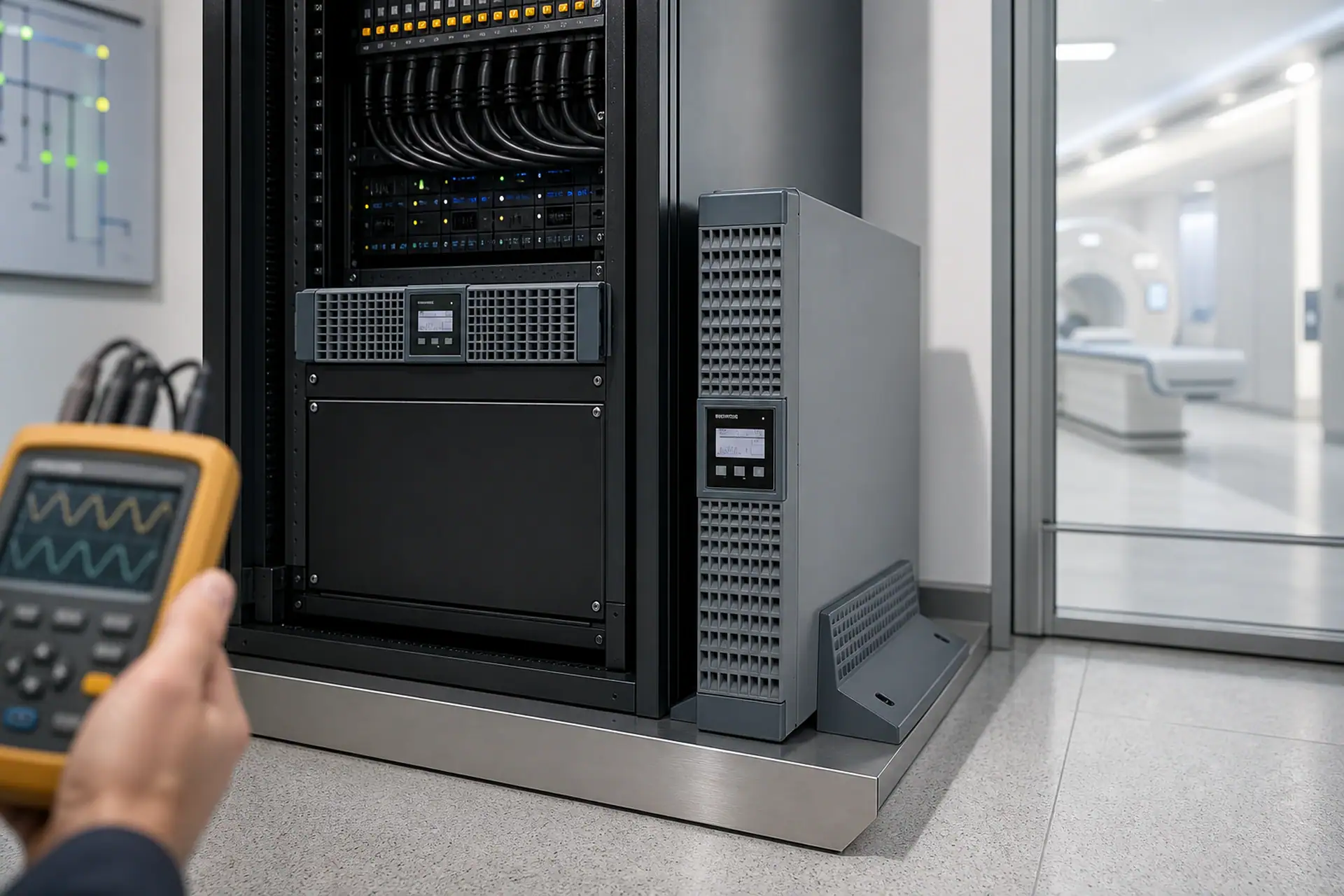 SAI ETK UPS instalado junto a un rack técnico de un hospital