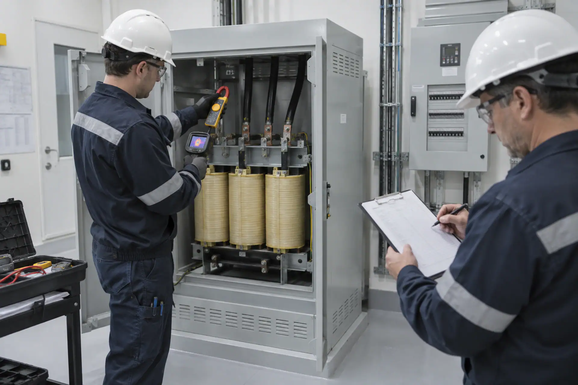 Technicians checking load and temperature in a hospital electrical panel
