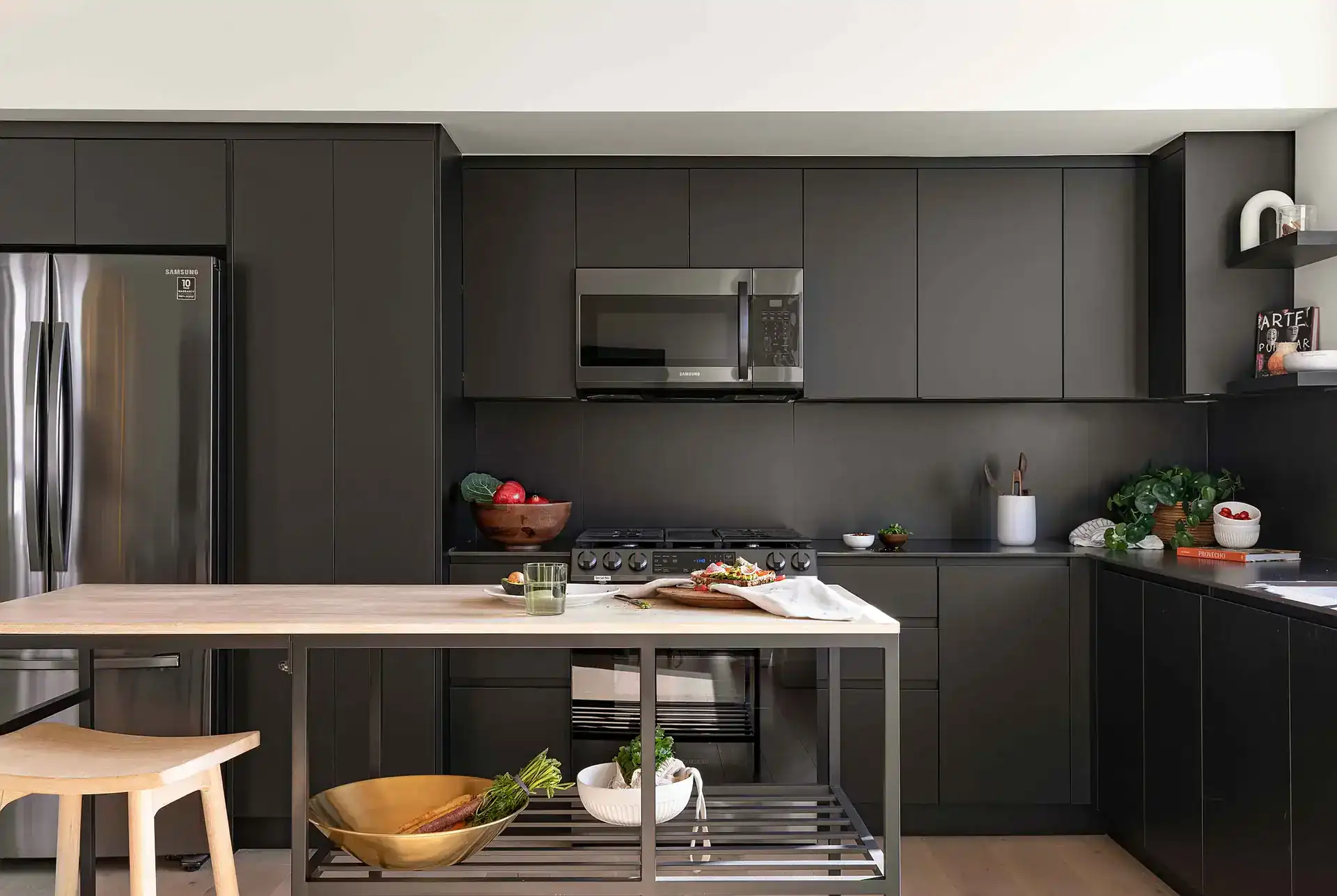 Sleek modern kitchen with dark cabinetry and stainless steel appliances.