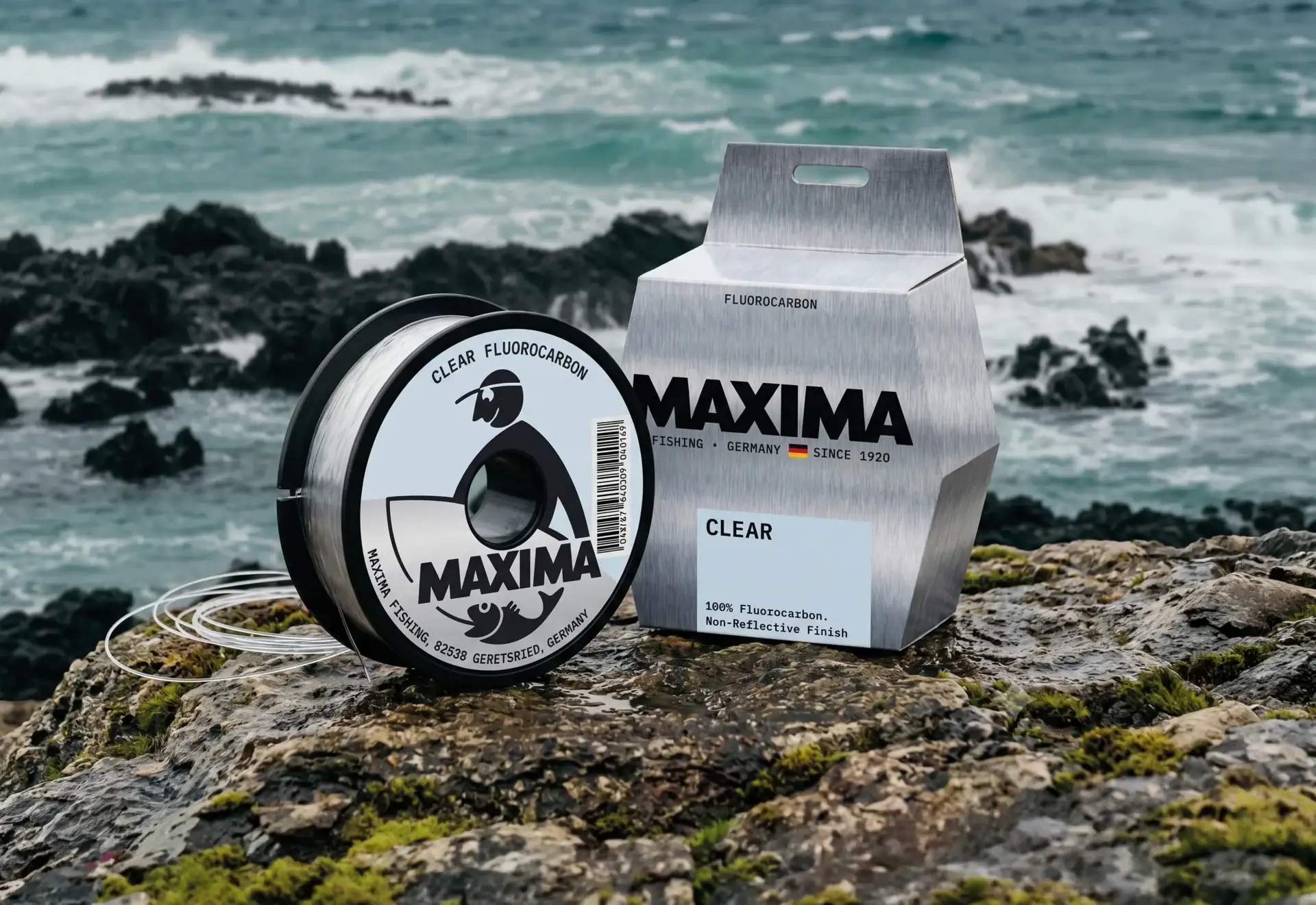 Maxima Clear fluorocarbon fishing line spool and box on coastal rocks by a turquoise sea