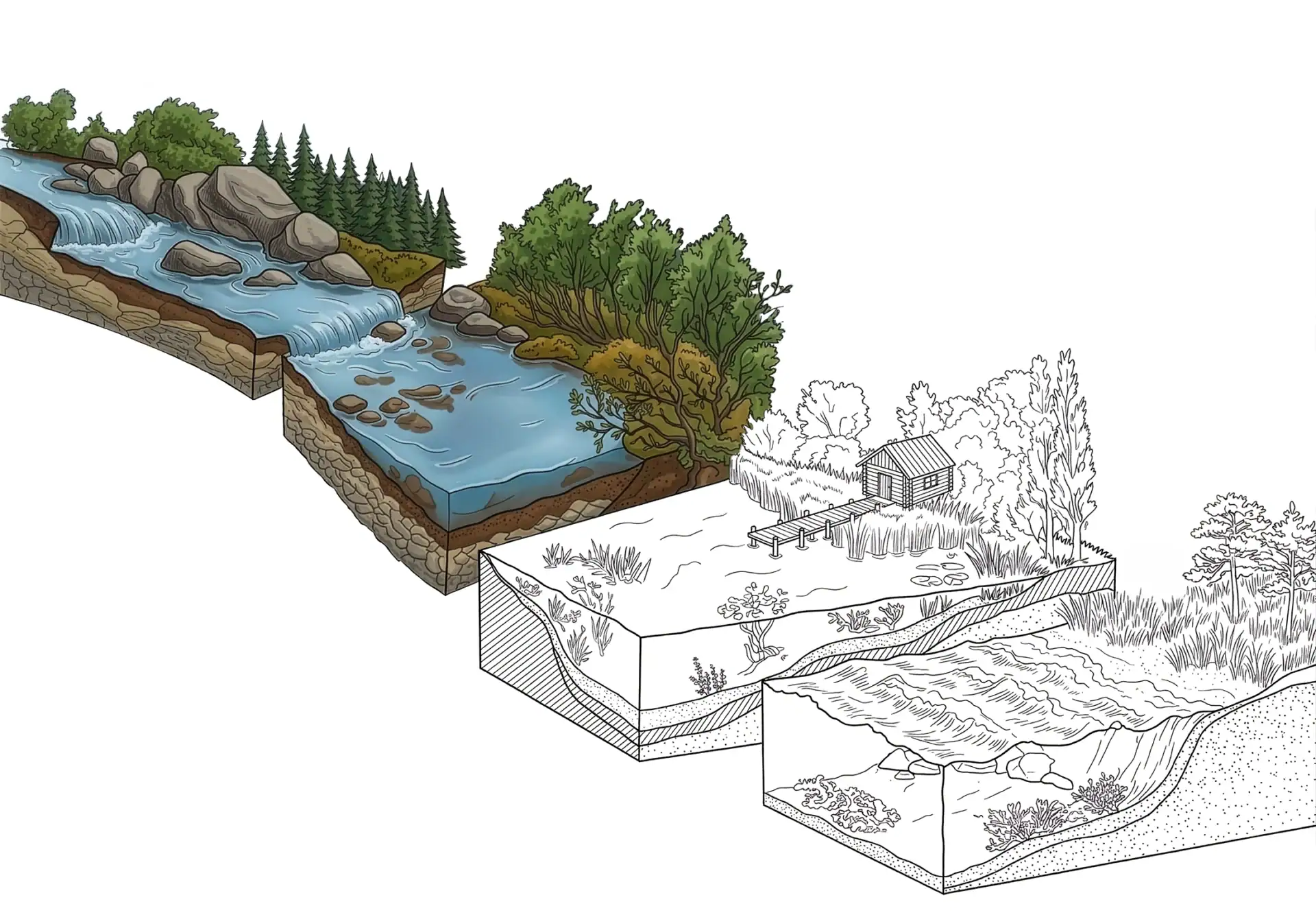 Isometric illustration of running water with stream and river – body of water guide for fishing in flowing water