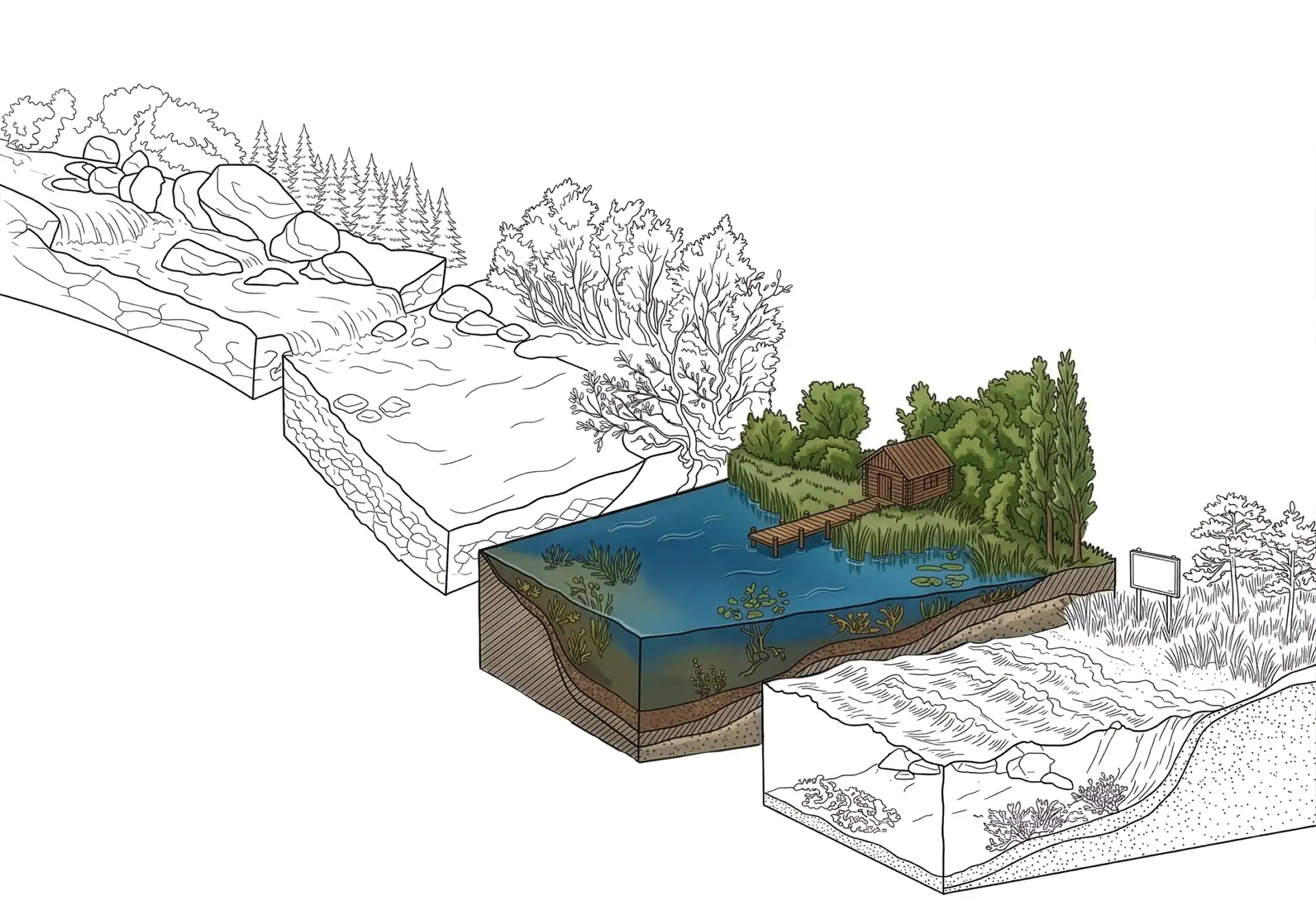 Isometric illustration of a lake with jetty and aquatic plants – body of water guide for still water fishing