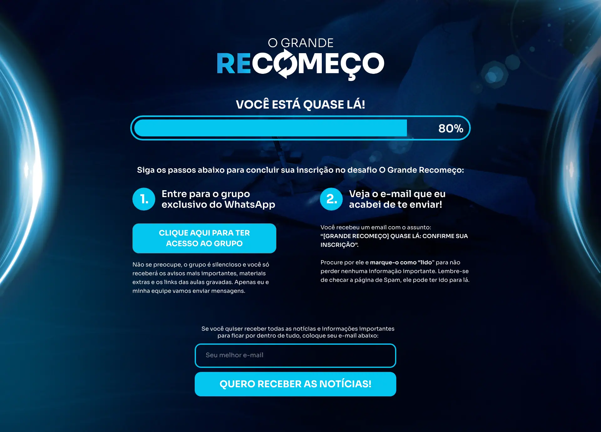 Página de obrigado para lançamento O Grande Recomeço com instruções para entrar no grupo exclusivo.