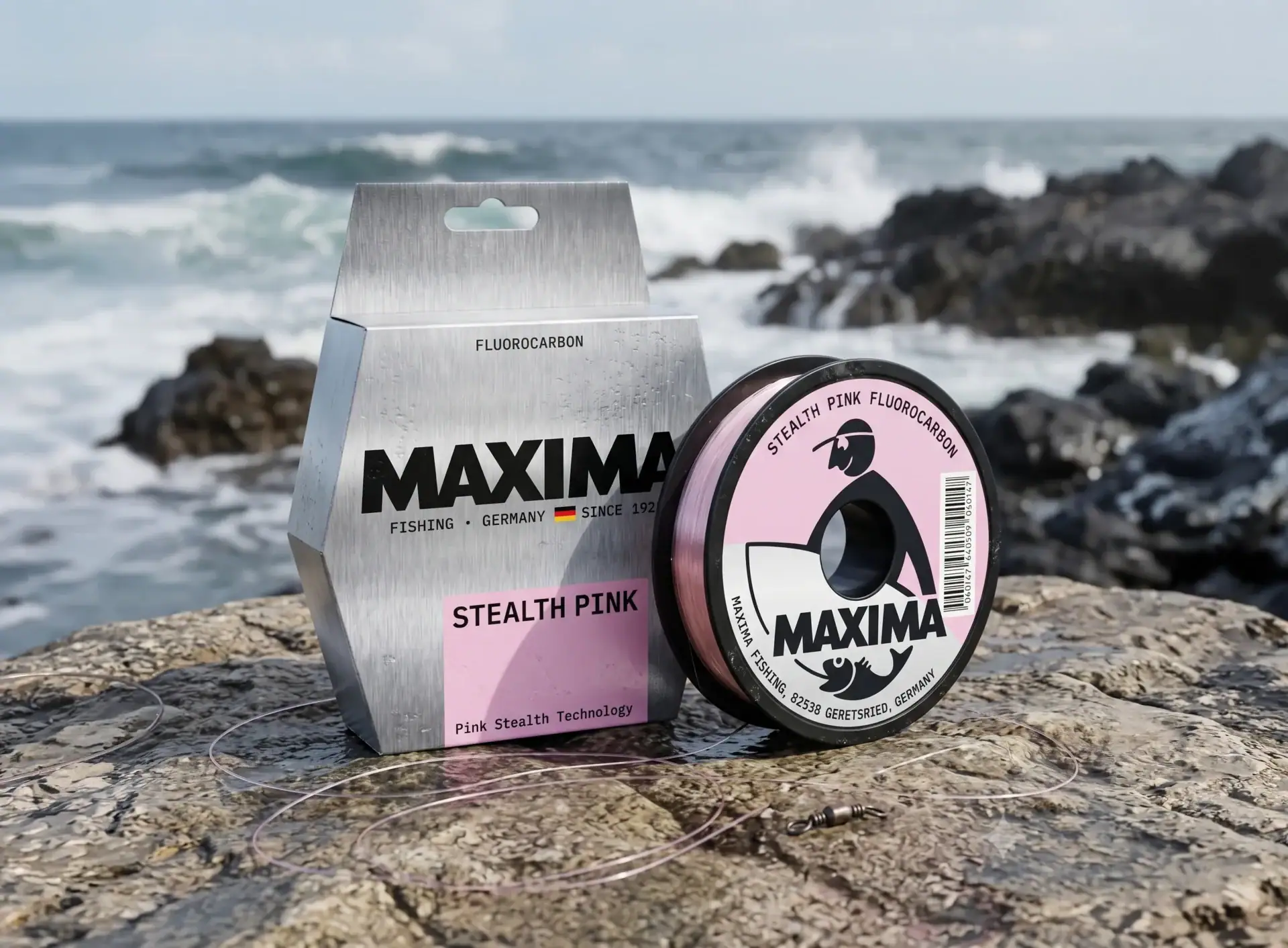 Maxima Stealth Pink fluorocarbon fishing line spool and packaging on wet coastal rocks with breaking waves