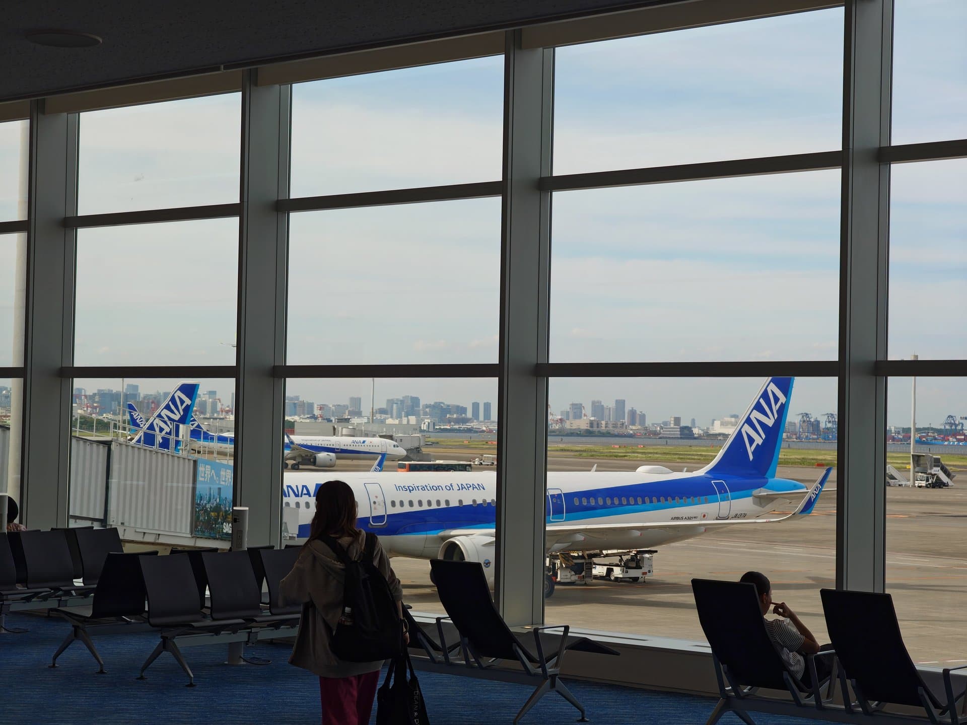 搭乗ゲート前でANA機を窓越しに眺める旅客