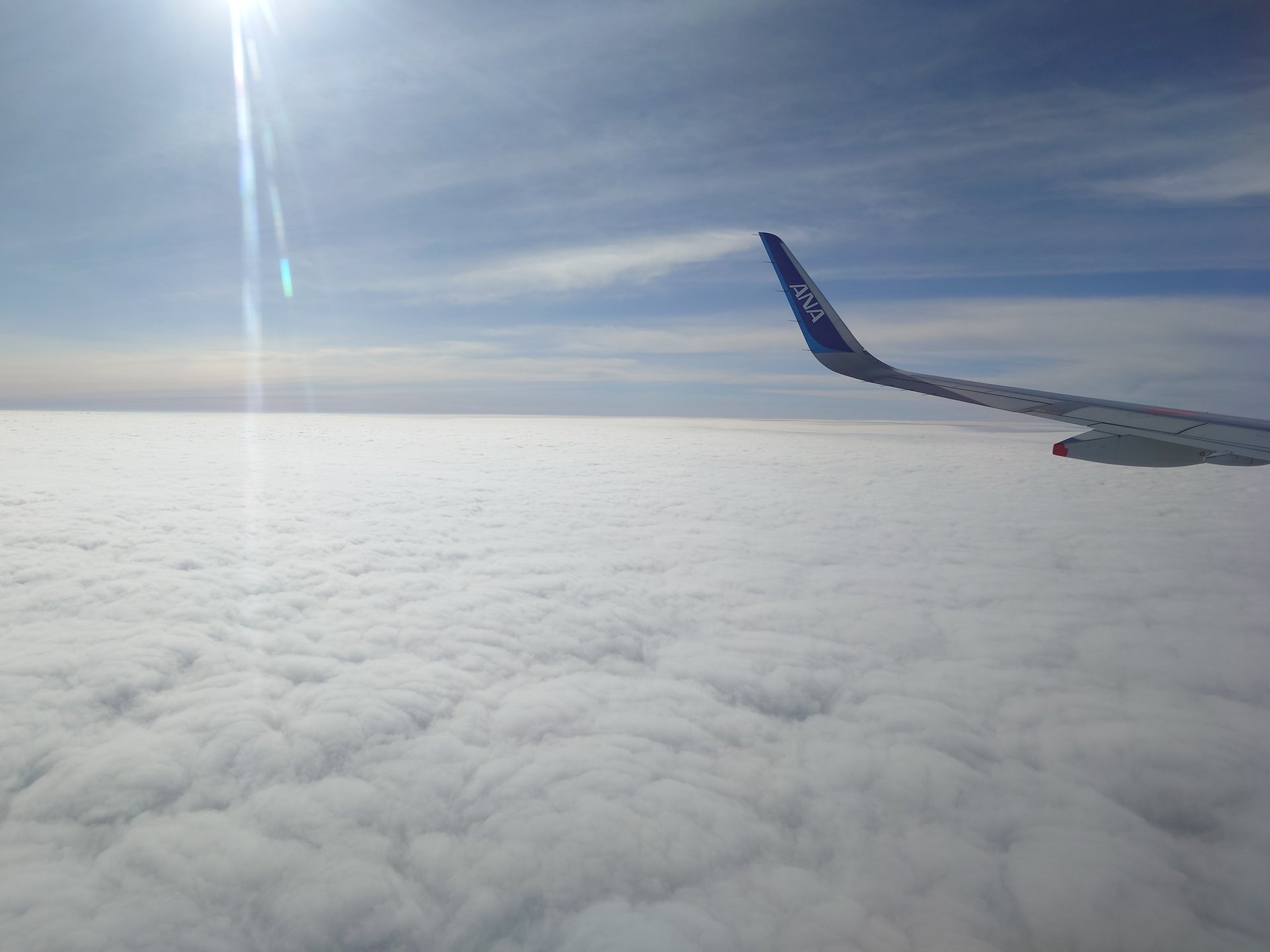 ANA翼と雲海に差し込む陽光