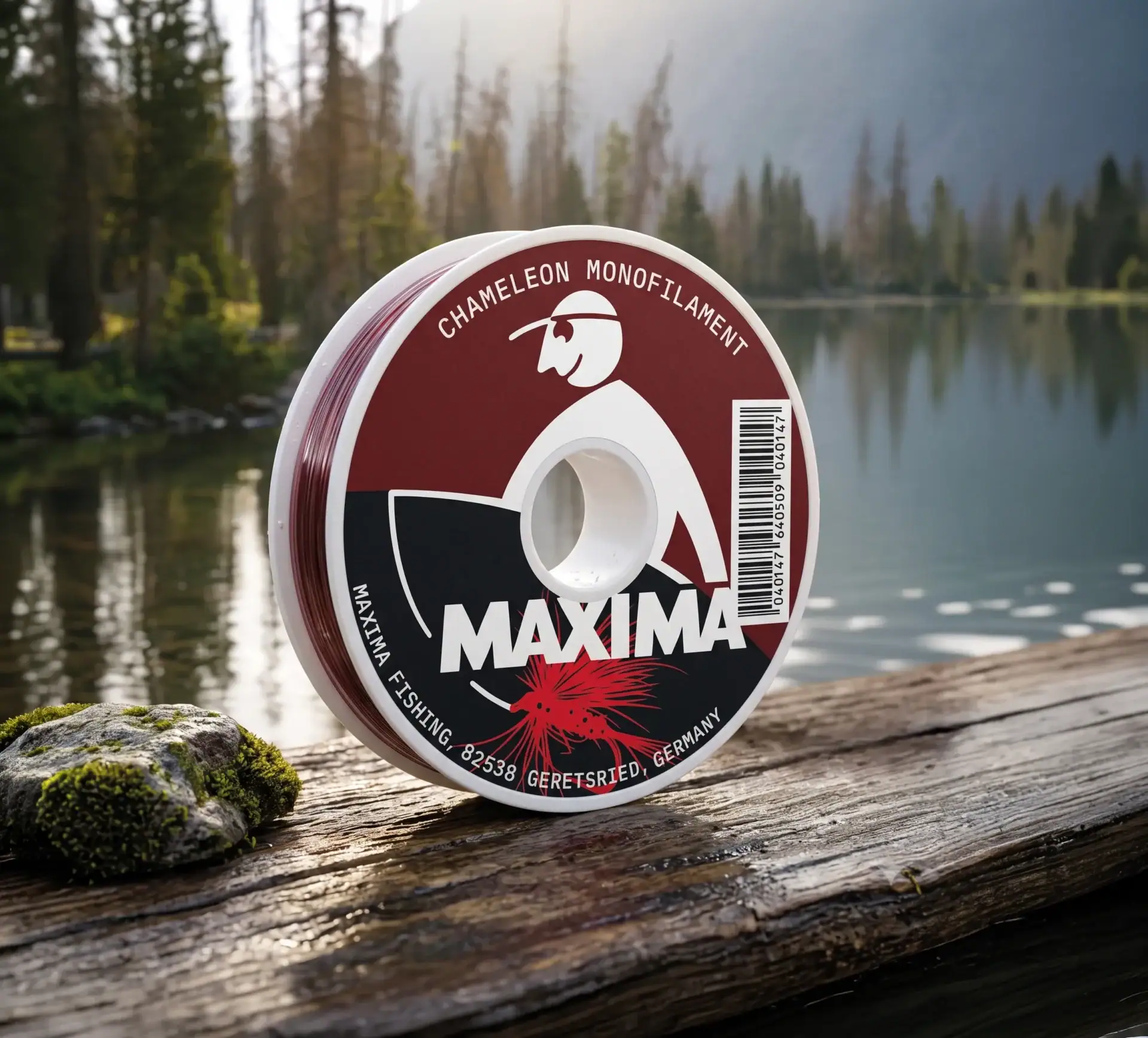 Maxima Chameleon fly fishing monofilament spool on a log in front of a forest lake