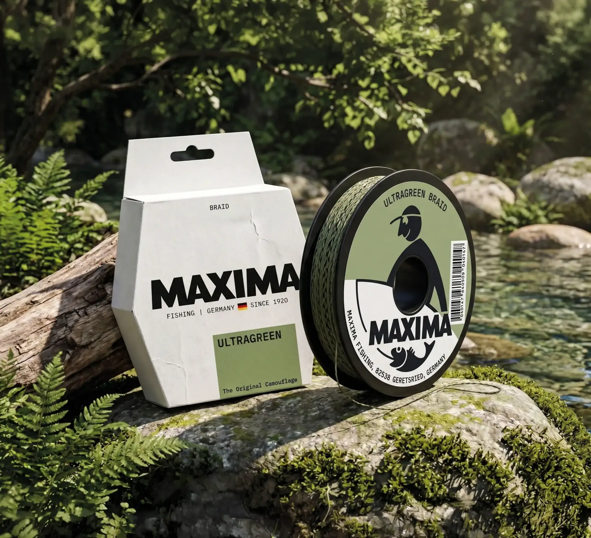 Maxima Ultragreen braid fishing line spool and box on rocks in a green forest setting