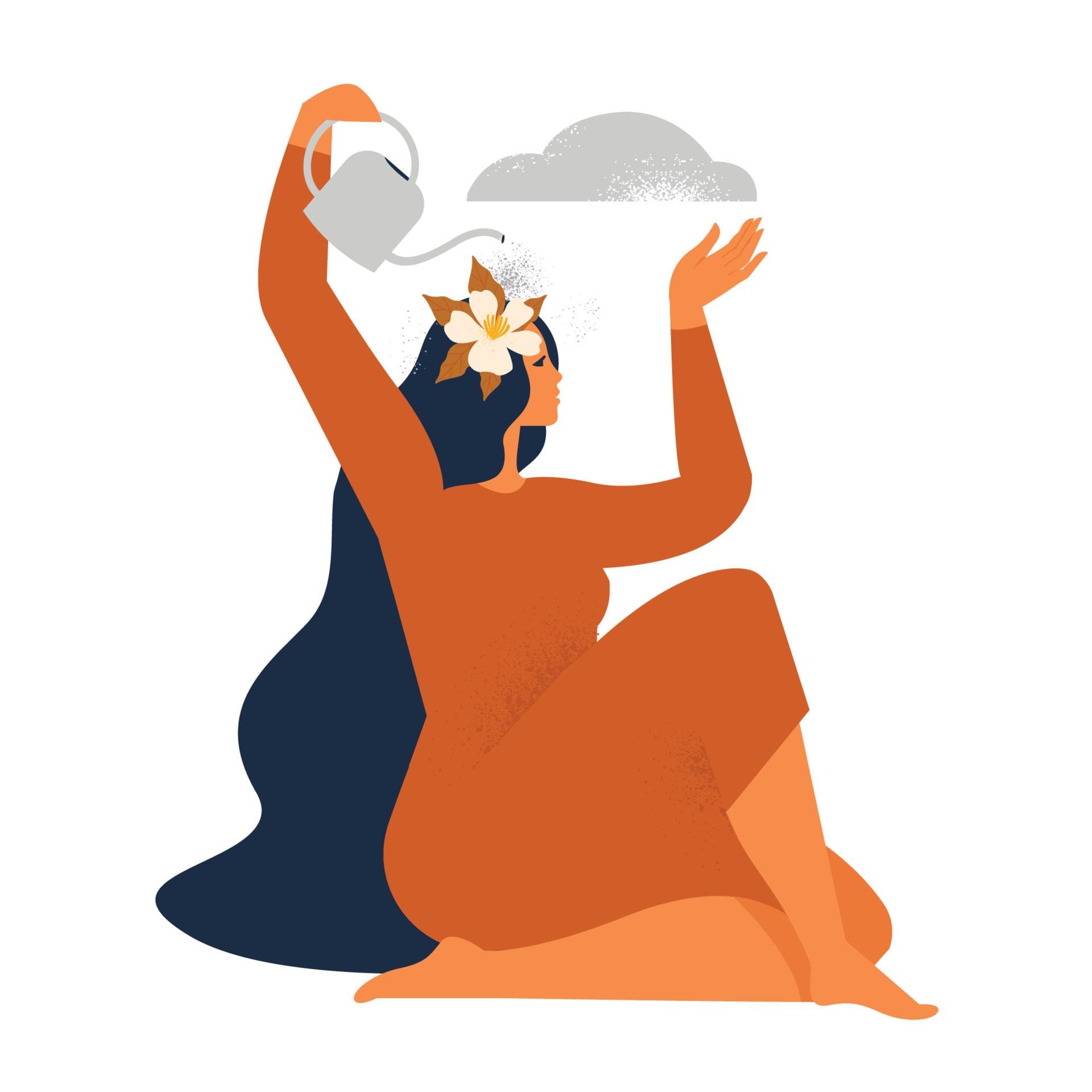 A curvy woman watering a flower growing out of her head with a watering can.