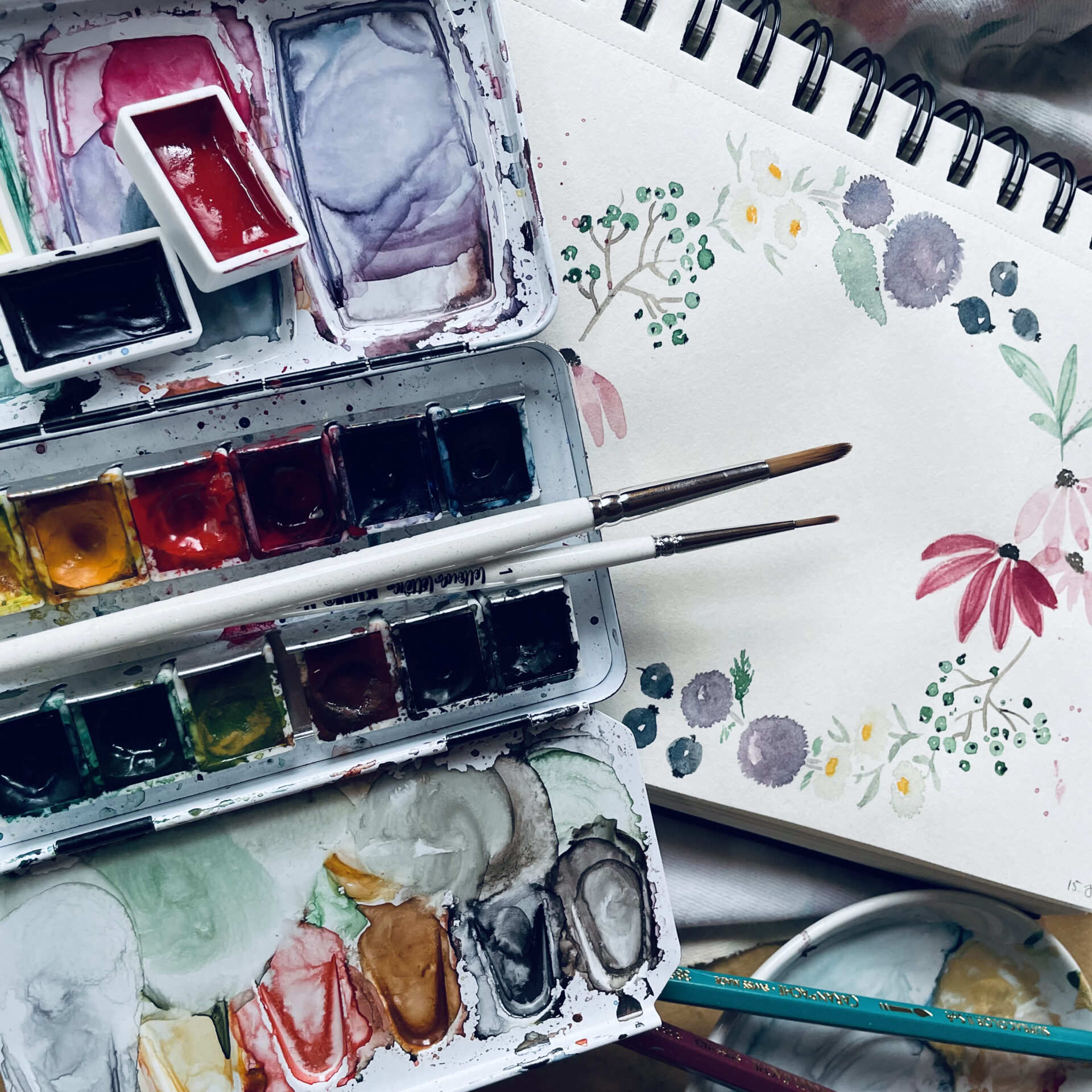 Aquarellkurs | Basis Kurs| Aquarellutensilien und Aquarellkranz gestaltet von Frau Feierlich