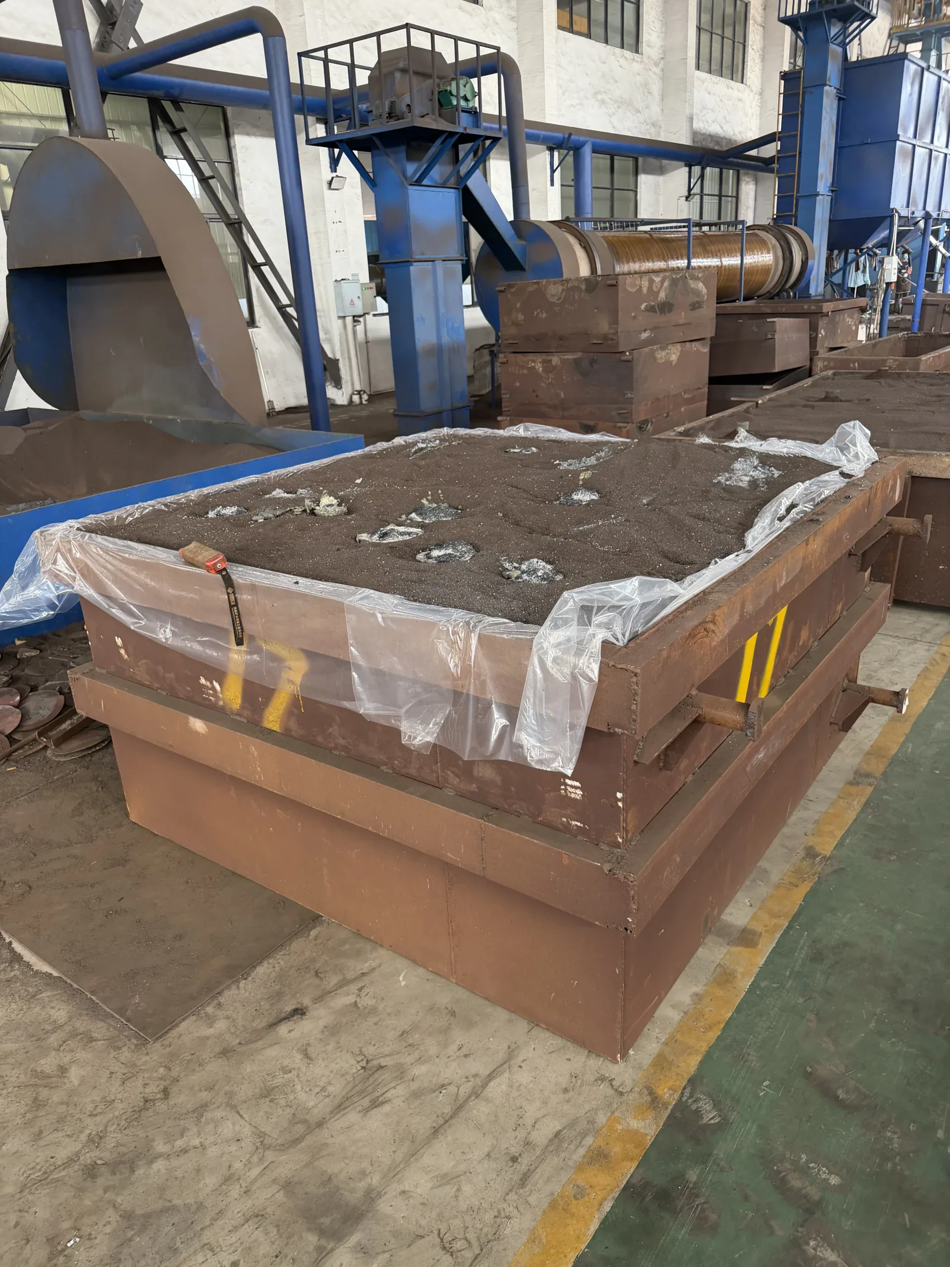 Sand-filled mould box in the foundry production area