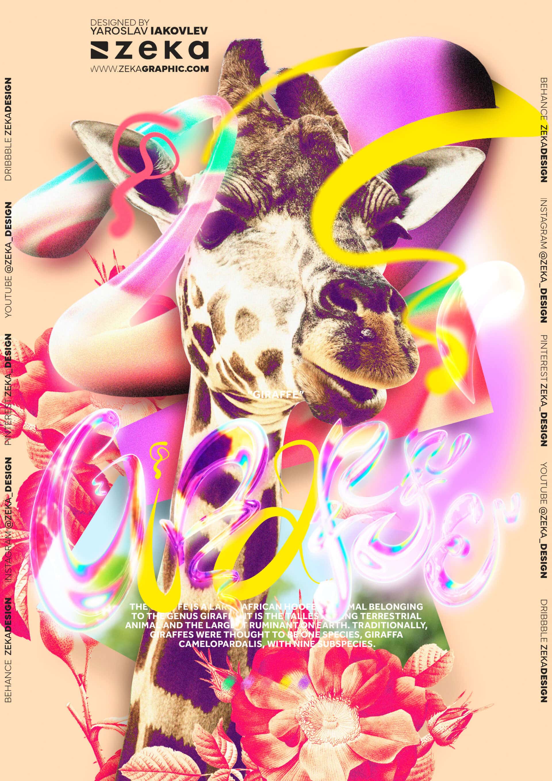 Giraffe Poster Design 3D Glass Typography by Zeka Design