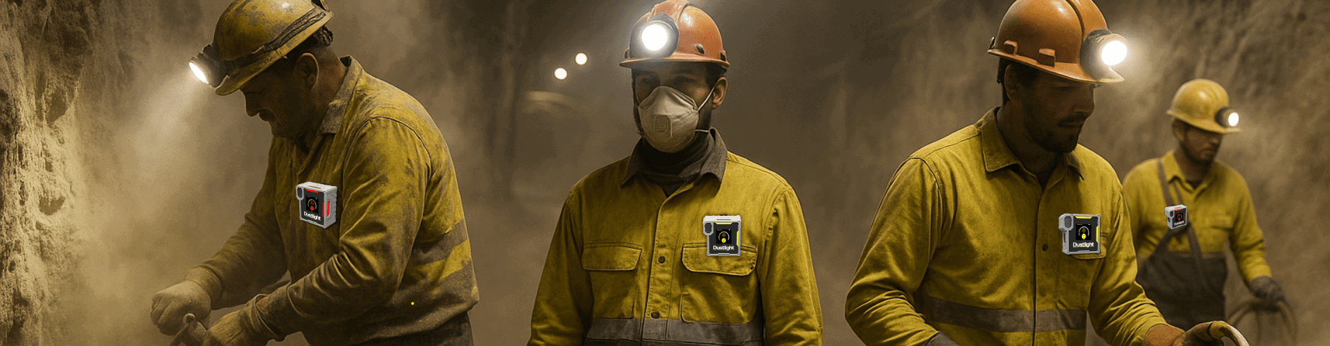 Mehrere Bergleute in gelber Schutzkleidung und Helmen arbeiten in einem stark verstaubten Stollen. Jeder trägt ein Dustlight-Gerät zur Echtzeit-Überwachung der Feinstaubbelastung an der Brust. Die Szene zeigt dichten Staub in der Luft und harte Arbeitsbedingungen unter Tage.