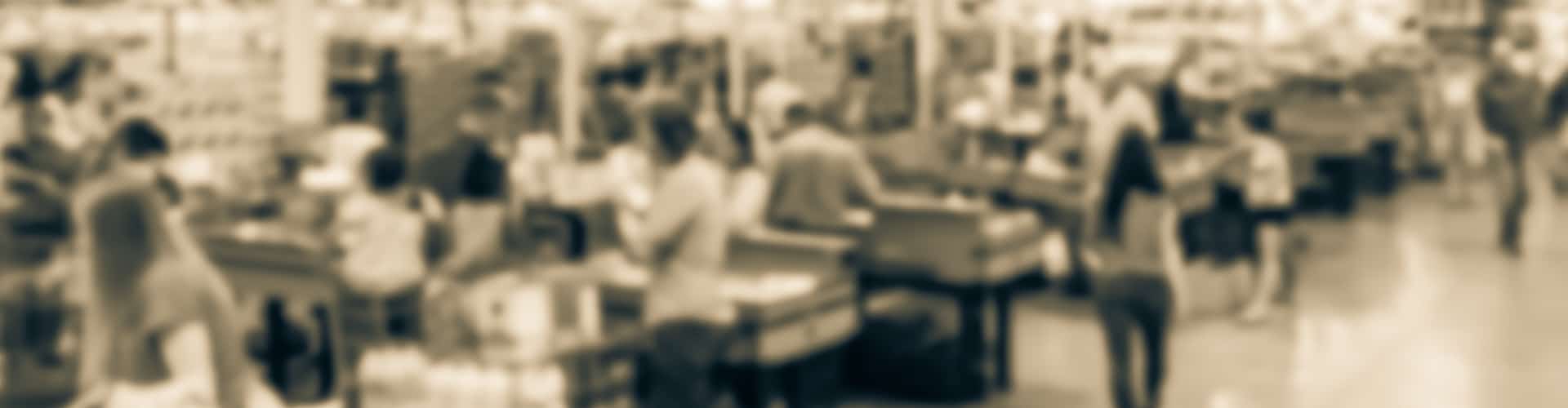 Vintage blurred busy checkout counter at wholesale store in USA