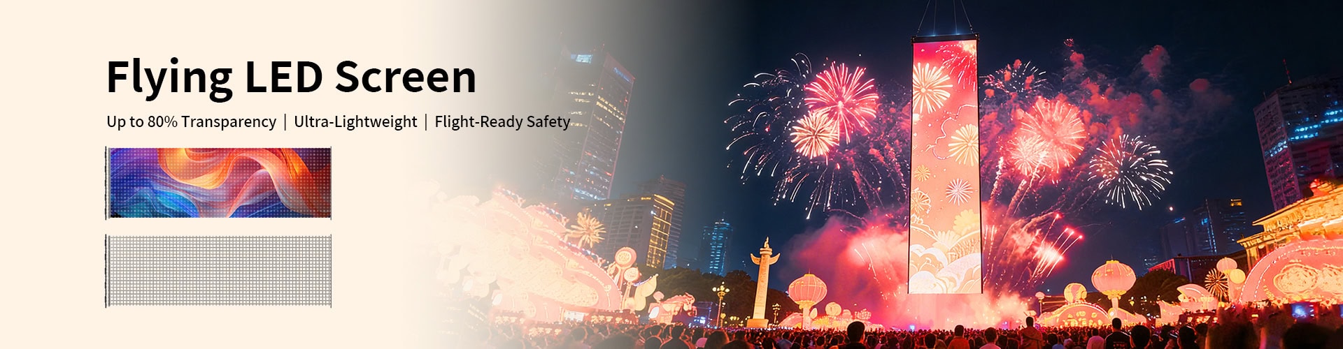 Flying LED screen with up to 80% transparency in aerial festival display with fireworks