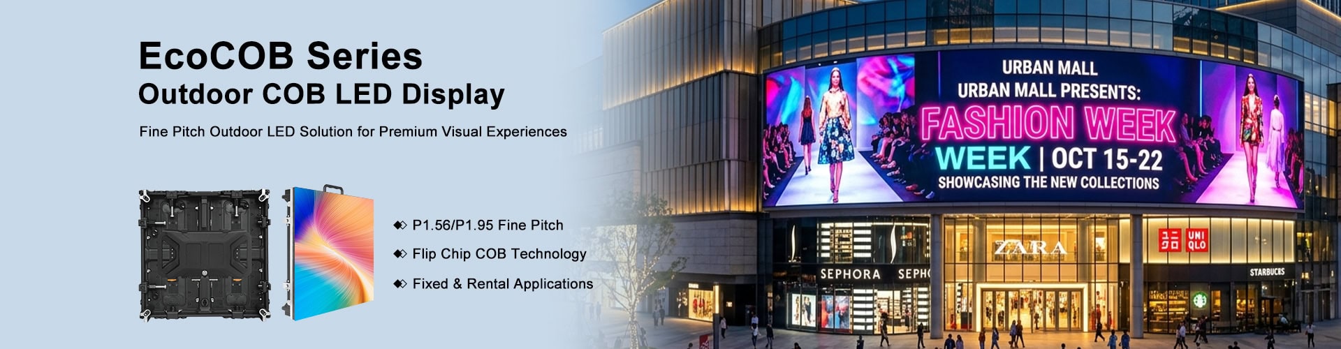 EcoCOB Series outdoor COB LED display with P1.56/P1.95 fine pitch, Flip Chip COB technology for fixed & rental applications