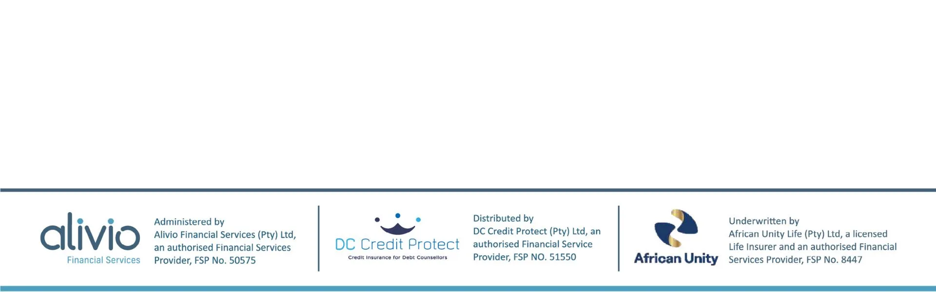 Trusted Partners in Financial Protection Logos and licensing details for Alivio Financial Services, DC Credit Protect, and African Unity Life.