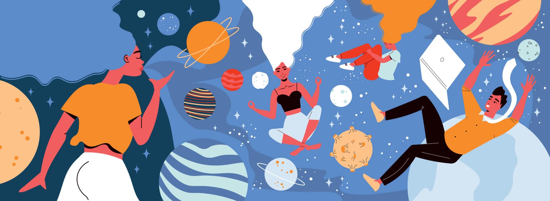 Racially ambiguous cartoon people meditating and resting amongst a blue galaxy of planets and stars.