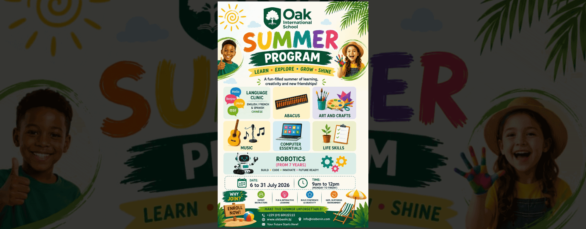 Colorful poster for Oak International School summer program in Cotonou featuring children, music, art, robotics, and outdoor activities.