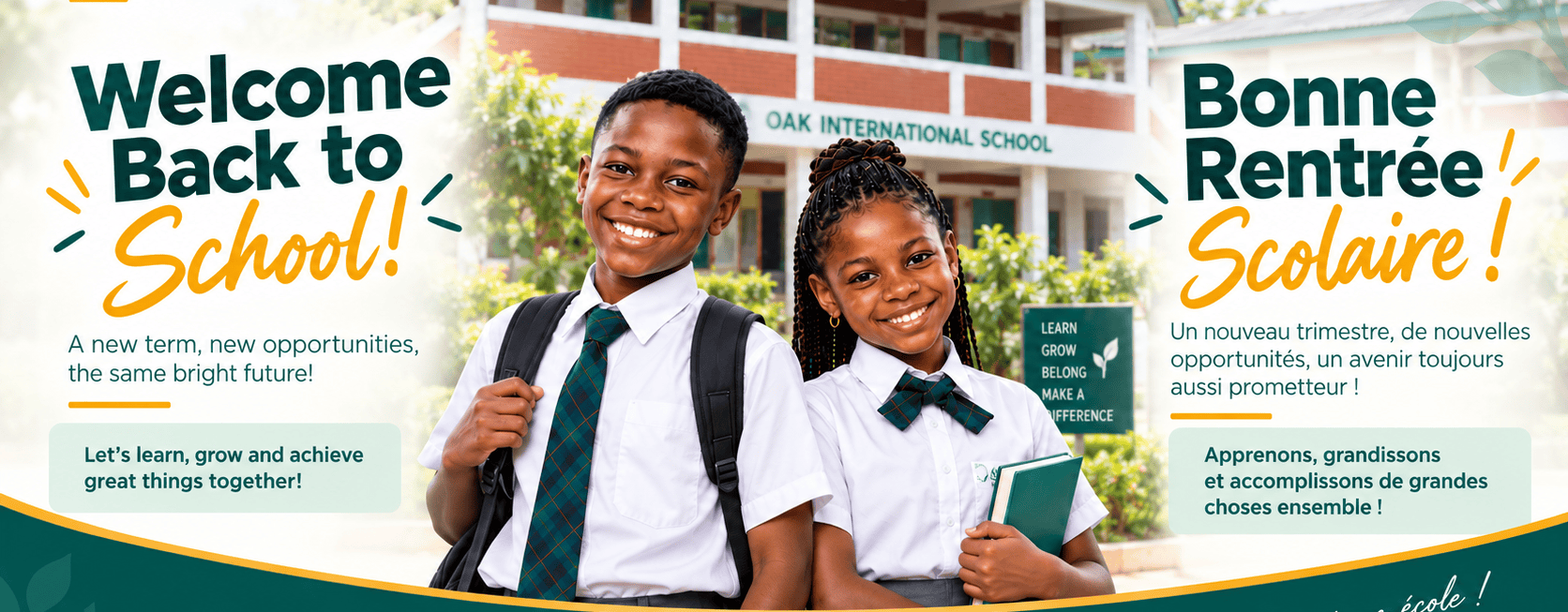 Oak International School Cotonou Students smiling with backpacks and books at Oak International School in Cotonou, Benin, during the back-to-school season.