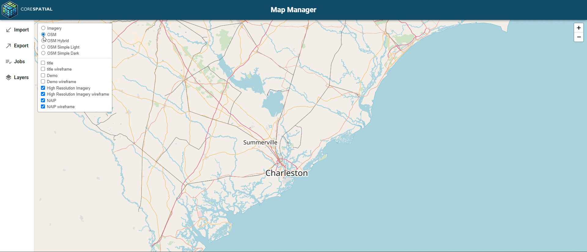 screenshot of Map Manager with multiple mosaic layers