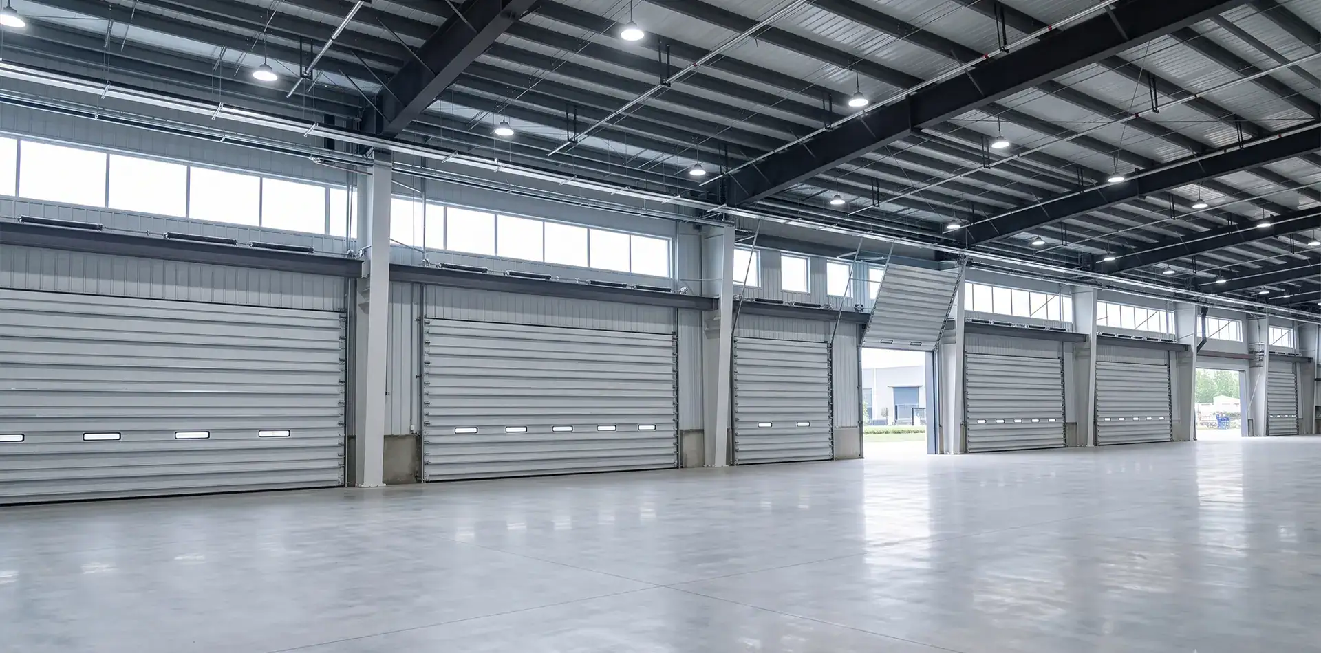 Heavy-duty insulated factory and workshop sectional doors installed in a spacious industrial manufacturing facility