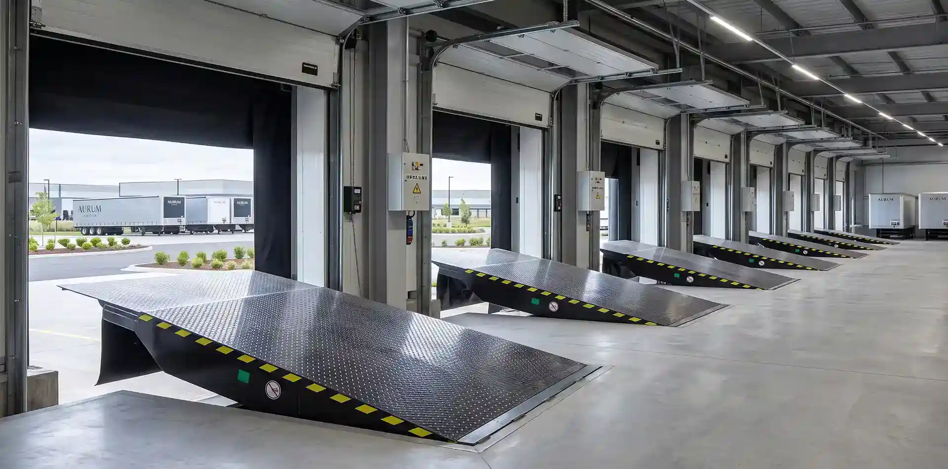 Close-up of heavy-duty black hydraulic dock levelers in a raised position, featuring the double 5-degree arch lip designed for smooth and safe forklift transitions in busy warehouses.