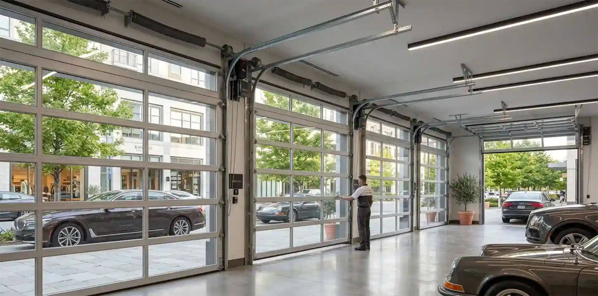 Interior view of an automotive service bay featuring high-lift full-view sectional doors, demonstrating optimal ceiling clearance for car hoists and abundant natural light.