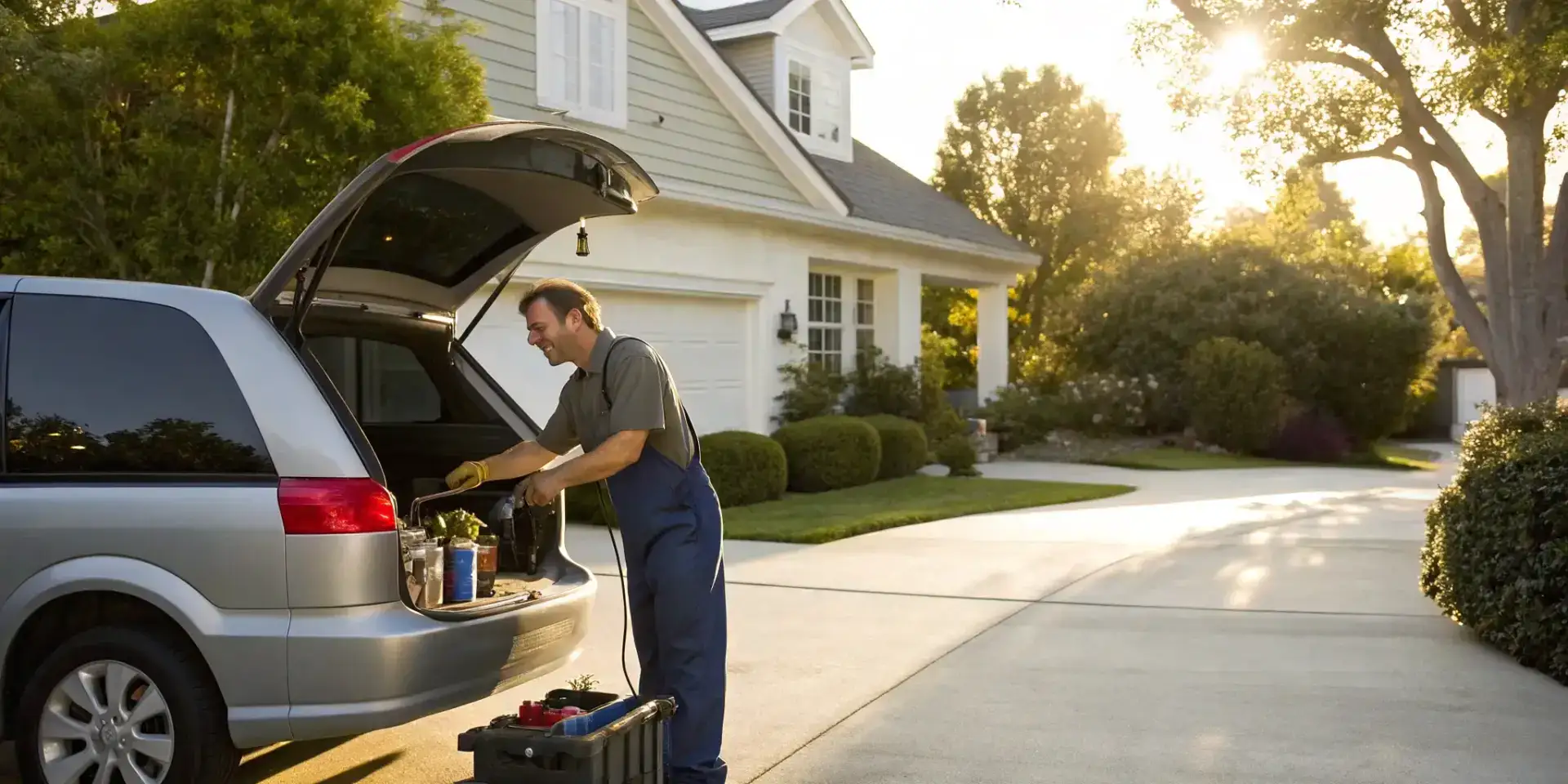 Mobile oil change service for car in driveway.
