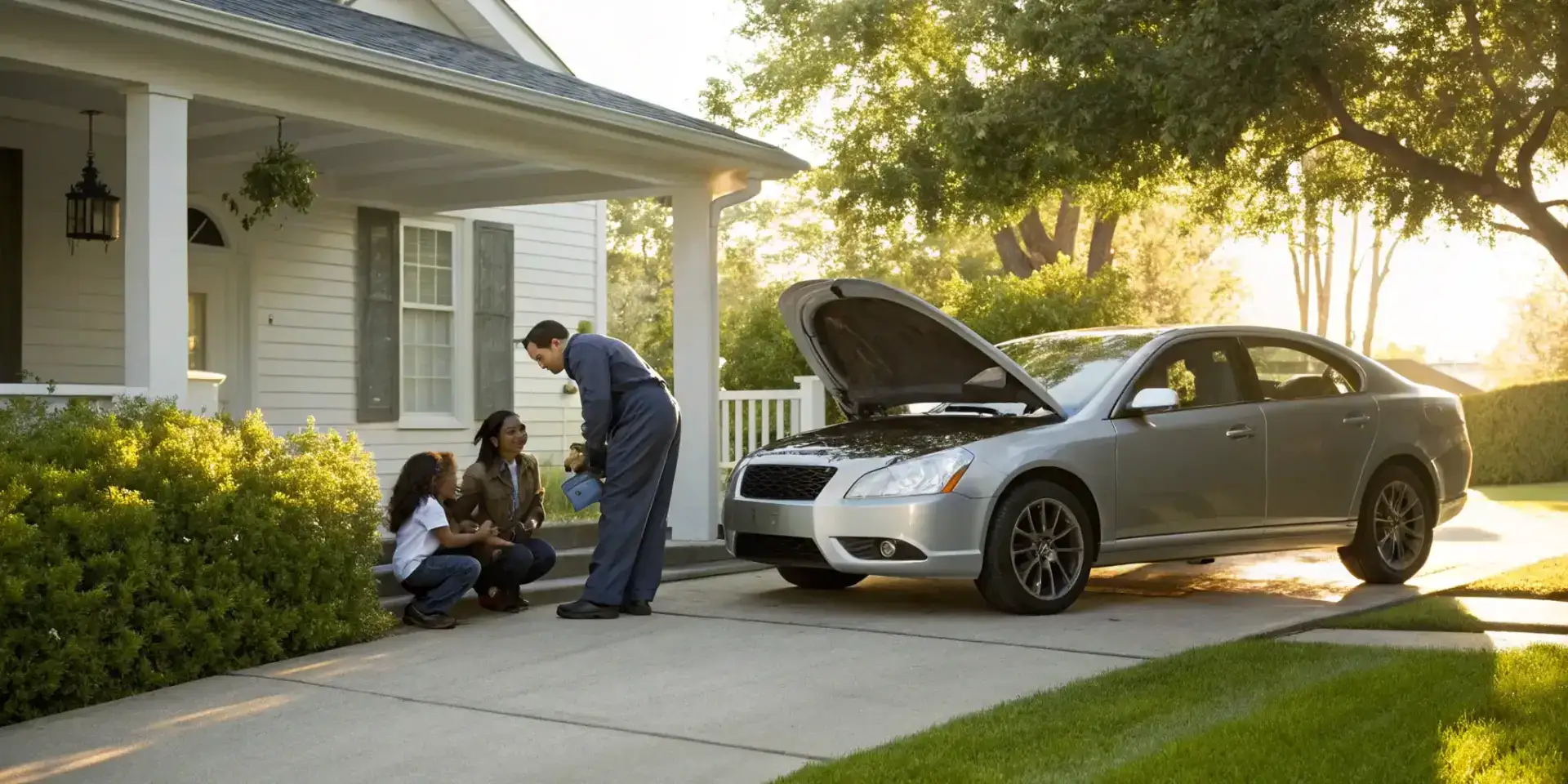 Mobile mechanic checking car. Benefits: convenience, safety, savings.
