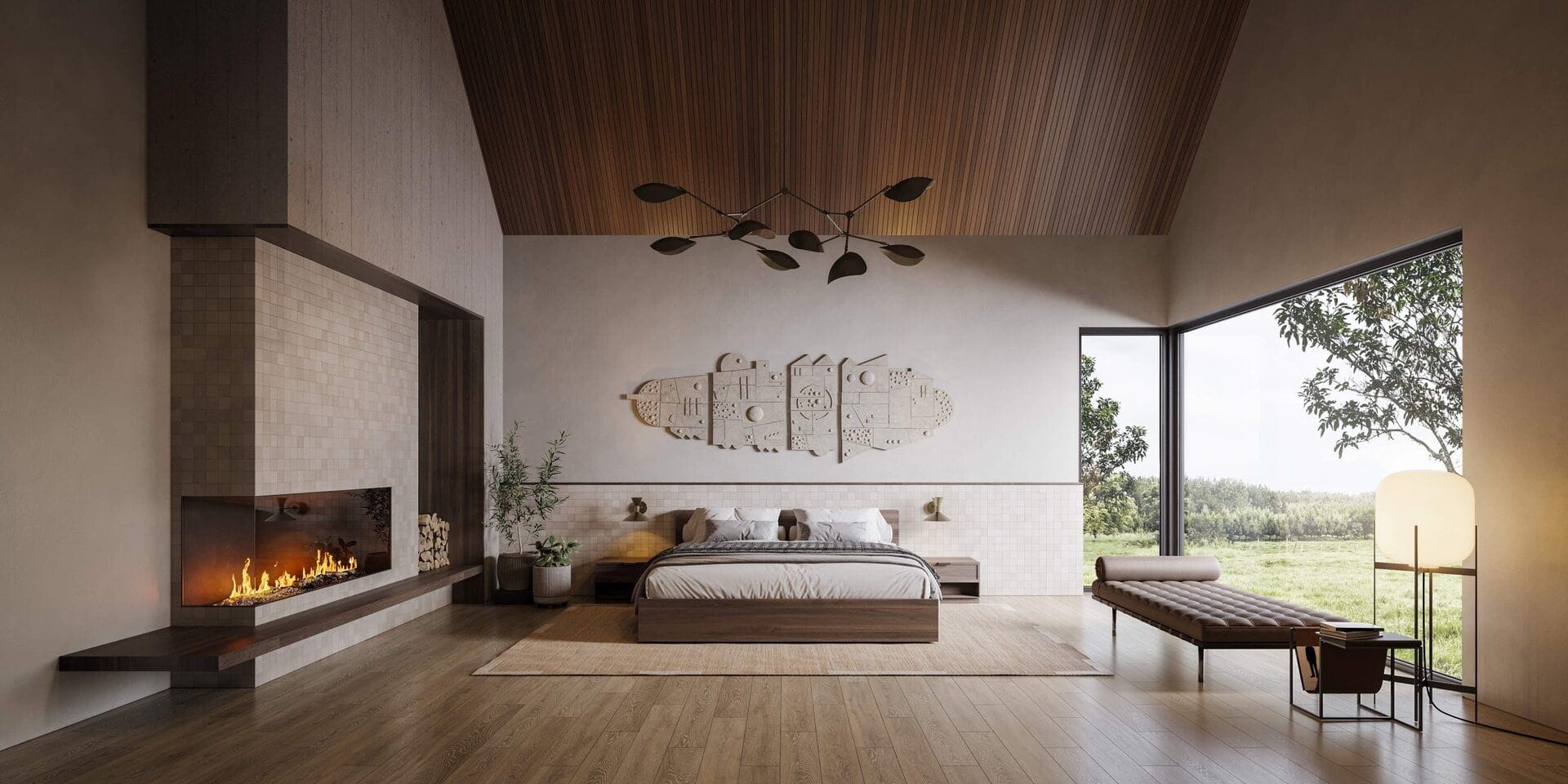 Elegant bedroom interior featuring a modern fireplace, minimalist furniture, and large windows overlooking a lush outdoor landscape.