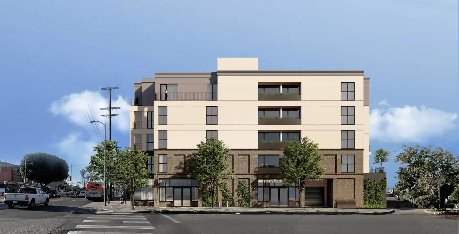 Modern multi-family residential building with retail spaces on the ground floor.