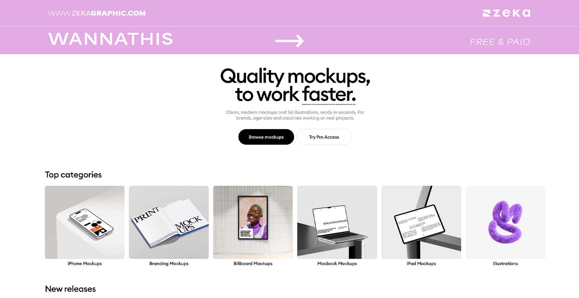 Wannathis website homepage showing a menu of mockup categories like iPhone, branding, and billboard mockups.