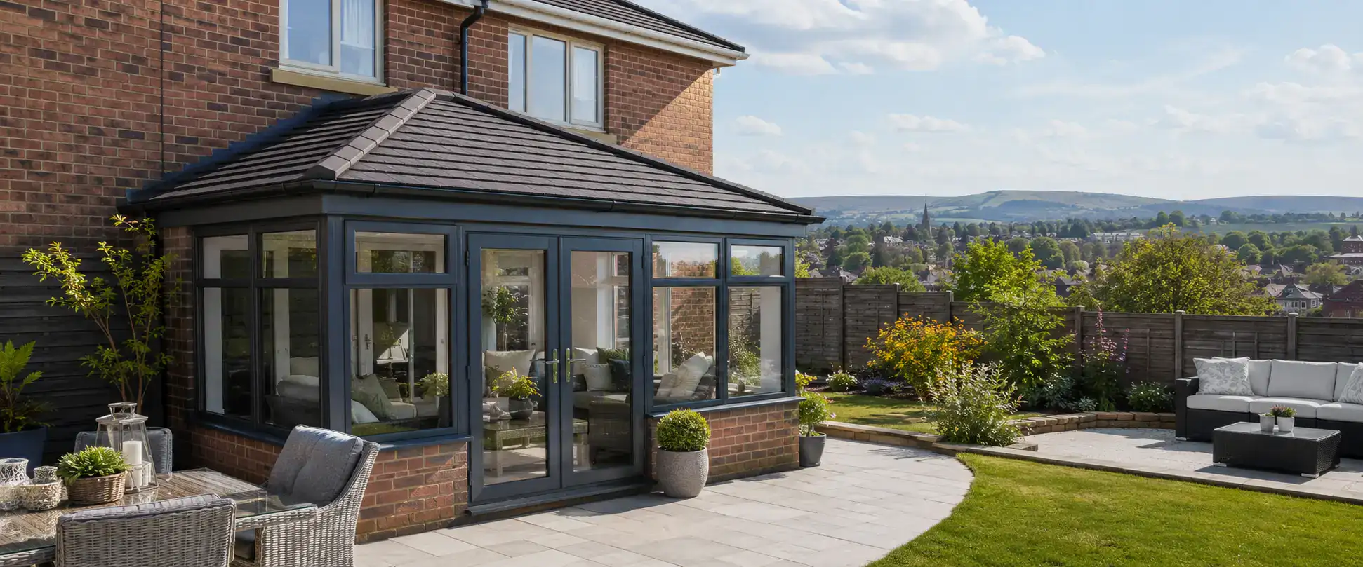 Conservatory roof replacement in Bury featuring a premium tiled warm roof on a brick conservatory with modern glazing and landscaped family garden.