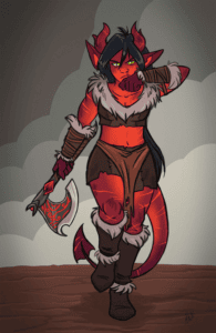 Tiefling barbarian walking towards viewer, ready to wreck something.