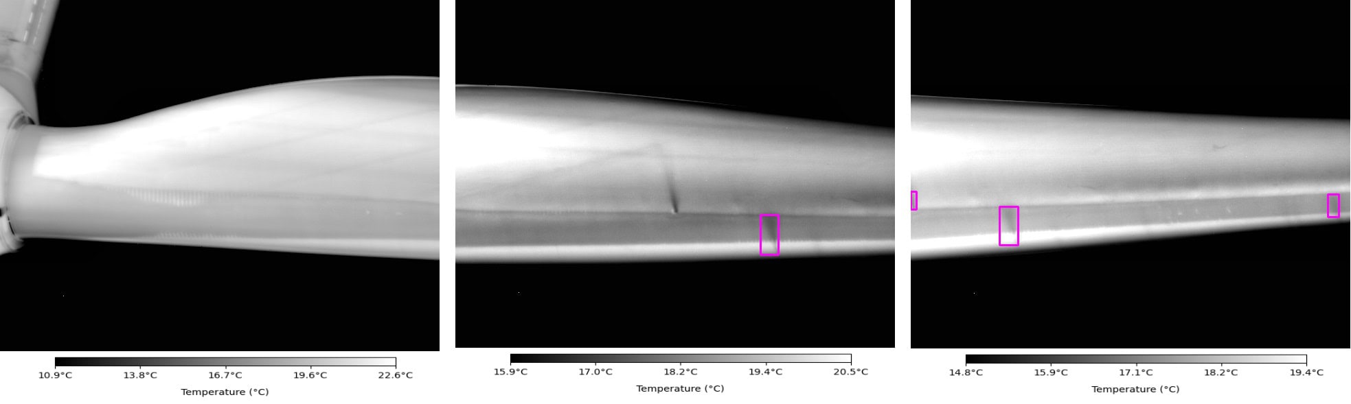 Thermograpic inspection image with turbulence and inner blade damage