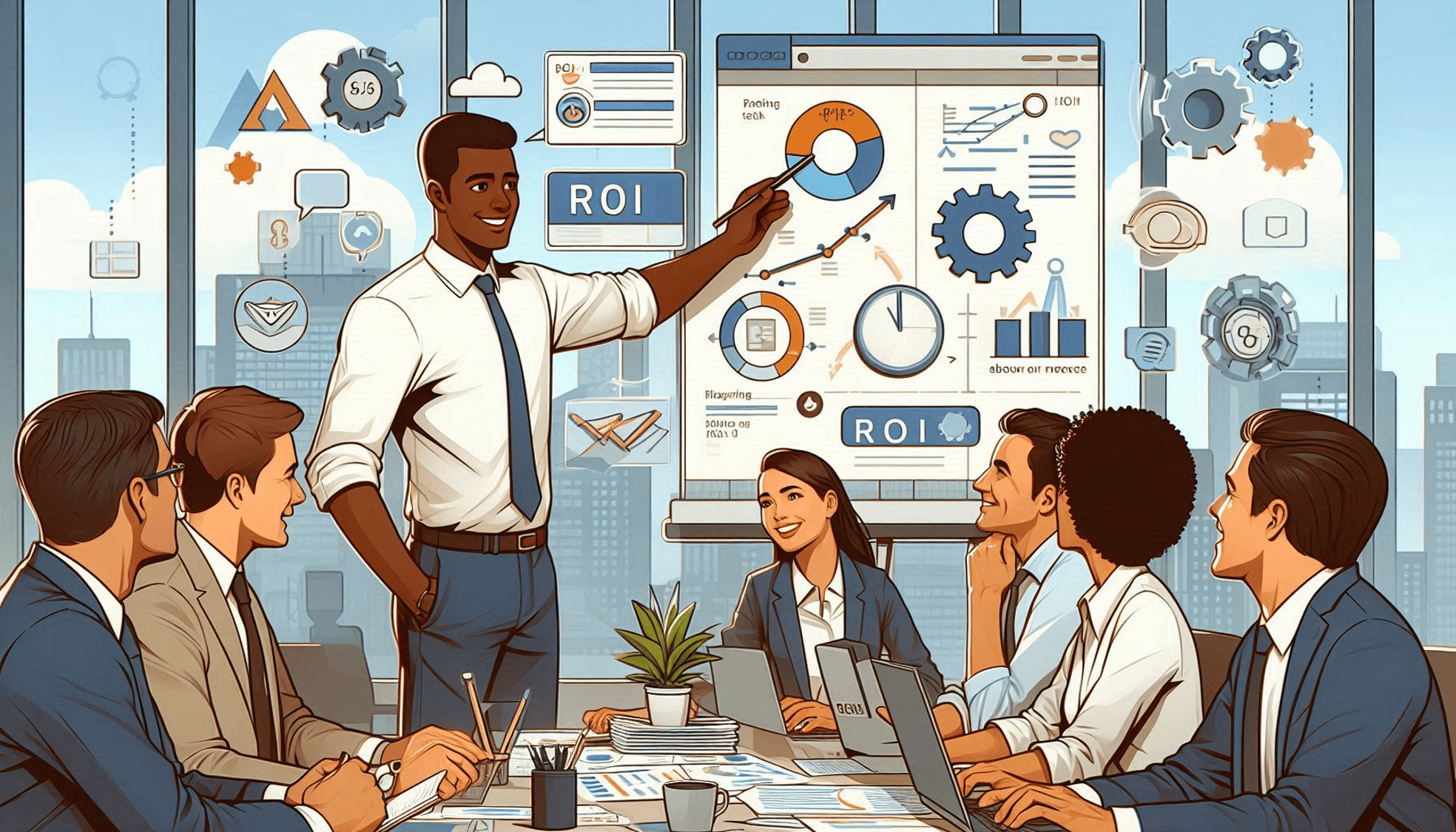 The image depicts a consultant or trainer, teaching technology to employees and highlights ROI.